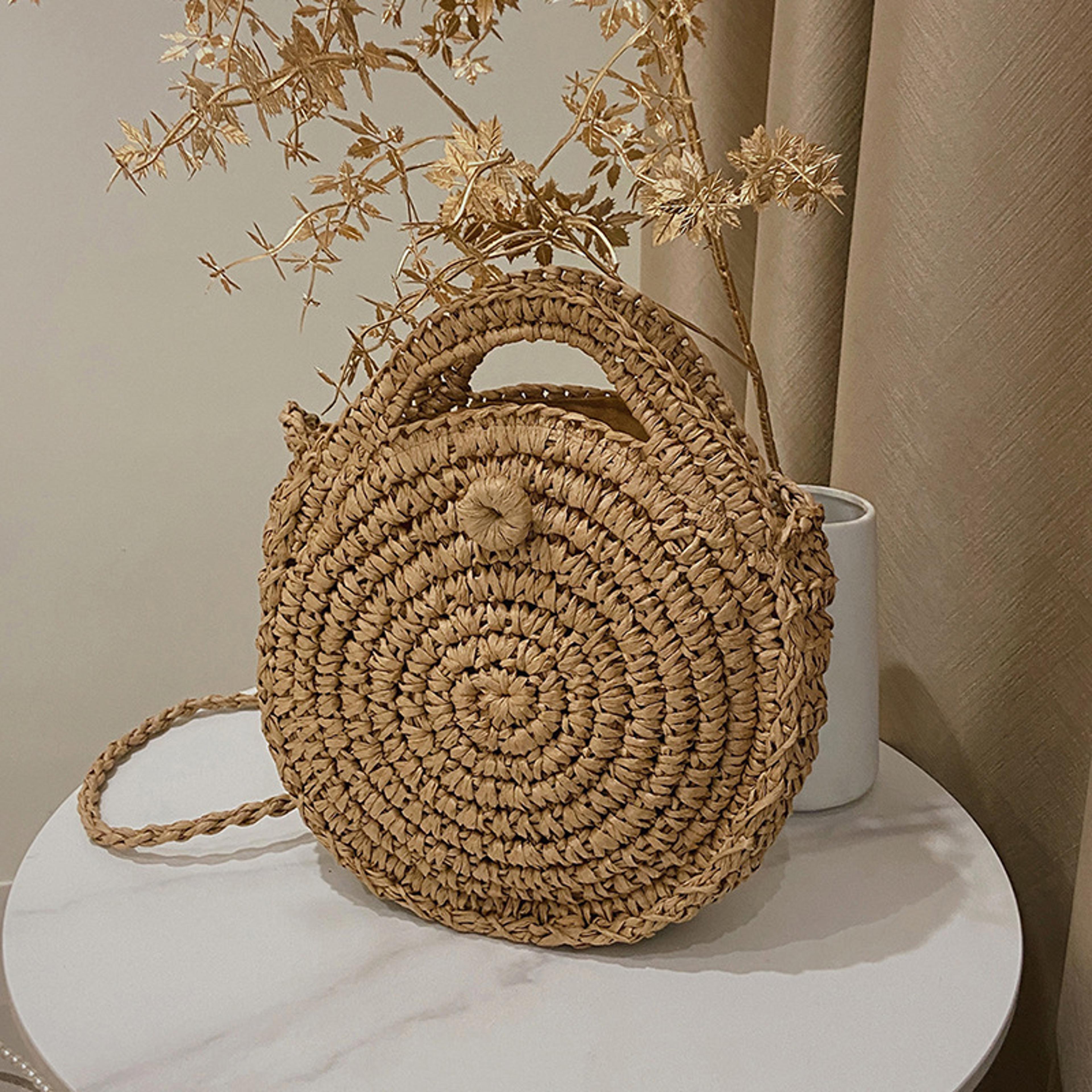 handmade round straw crossbody bag - boho summer beach purse