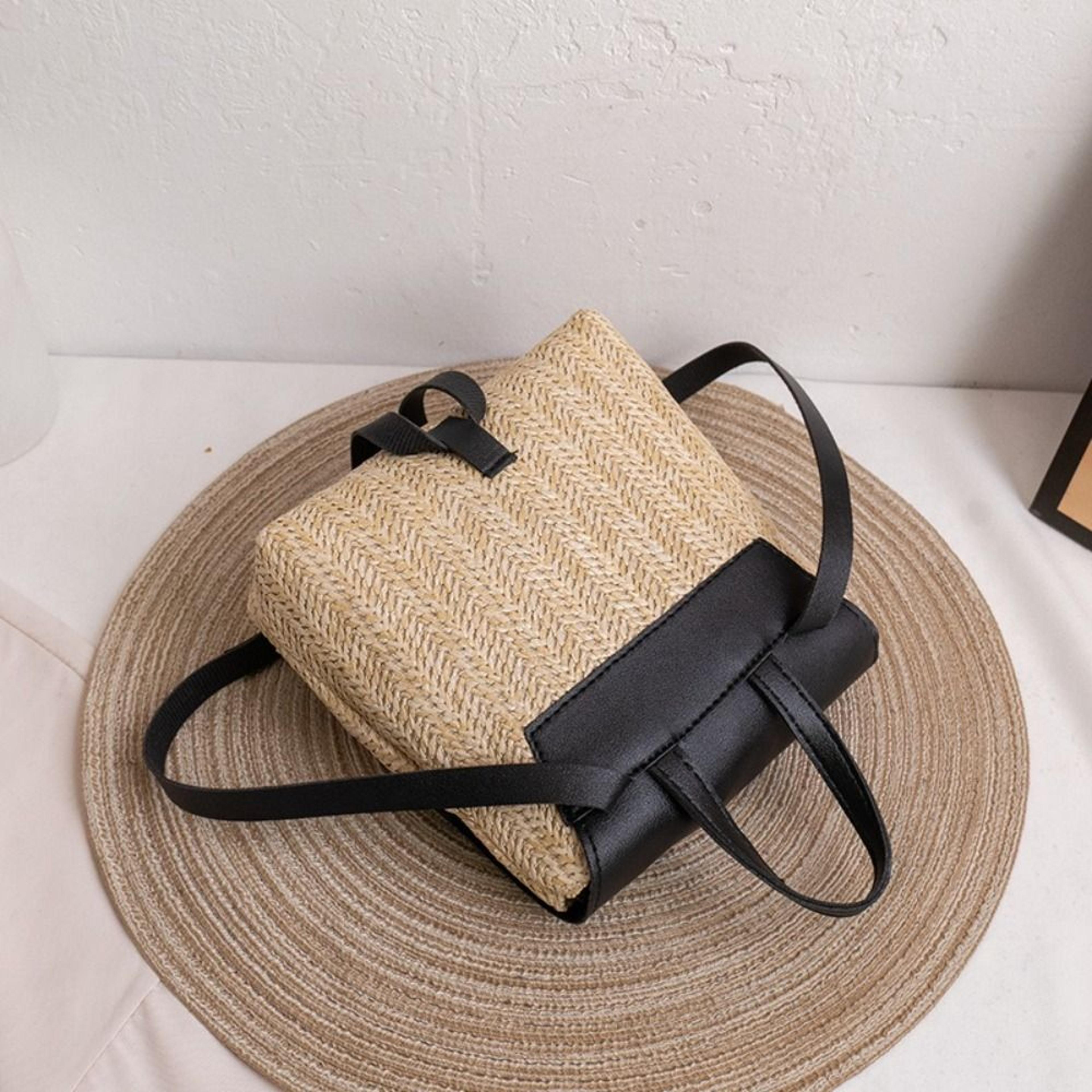 vintage straw backpack with pu leather trim retro woven shoulder bag
