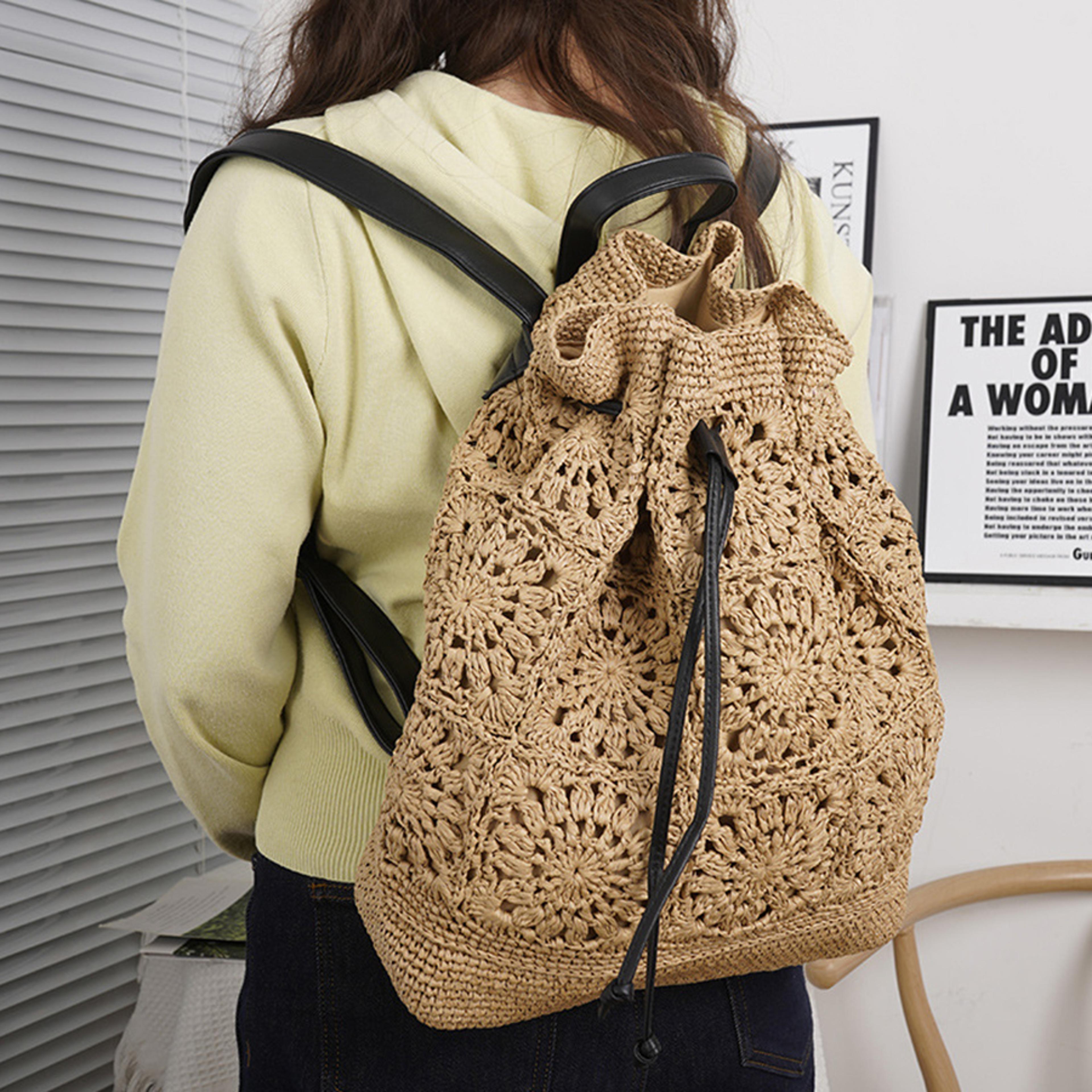 bali boho straw drawstring backpack - crochet woven travel bag for beach & summer