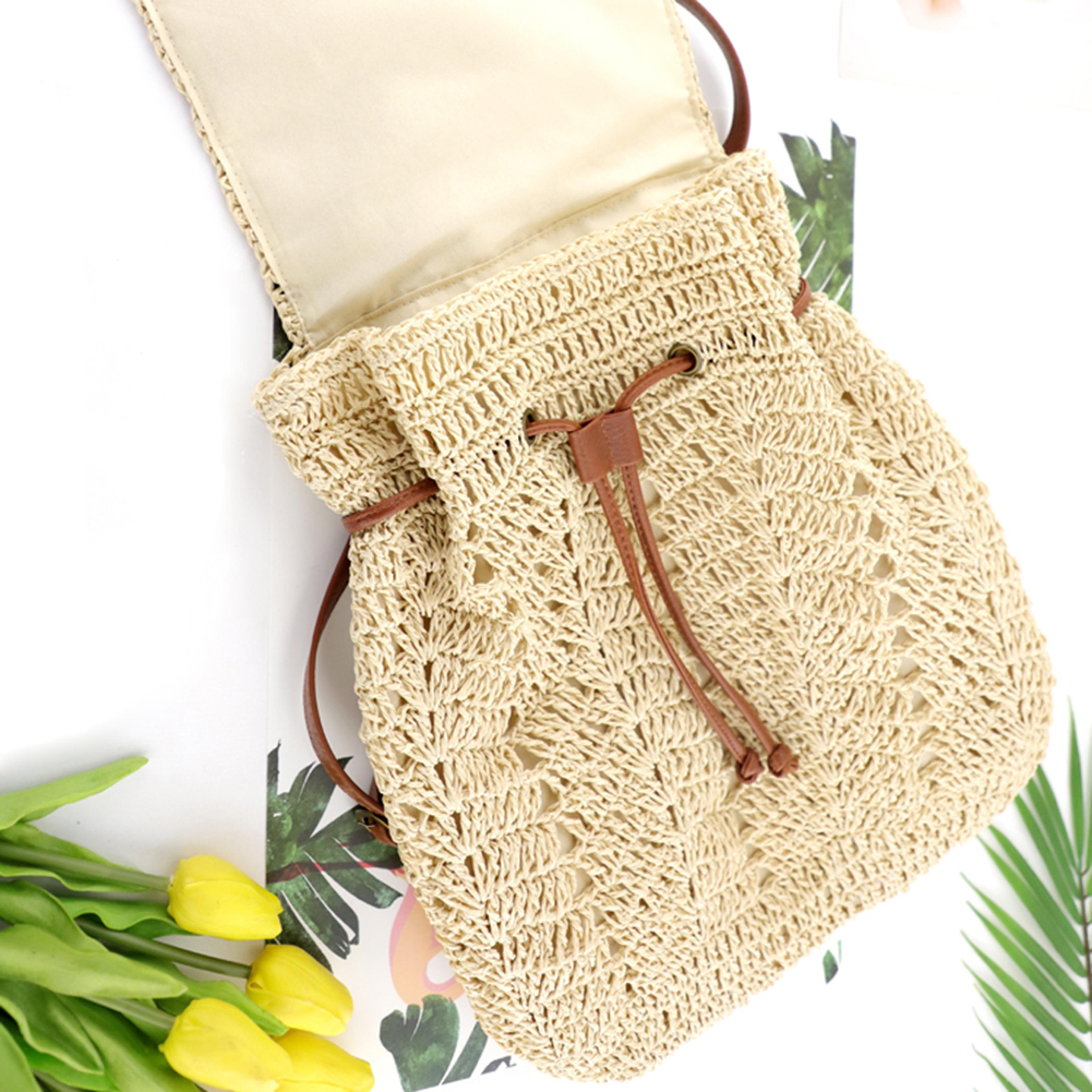 handmade woven straw backpack casual beach shoulder bag with top handle