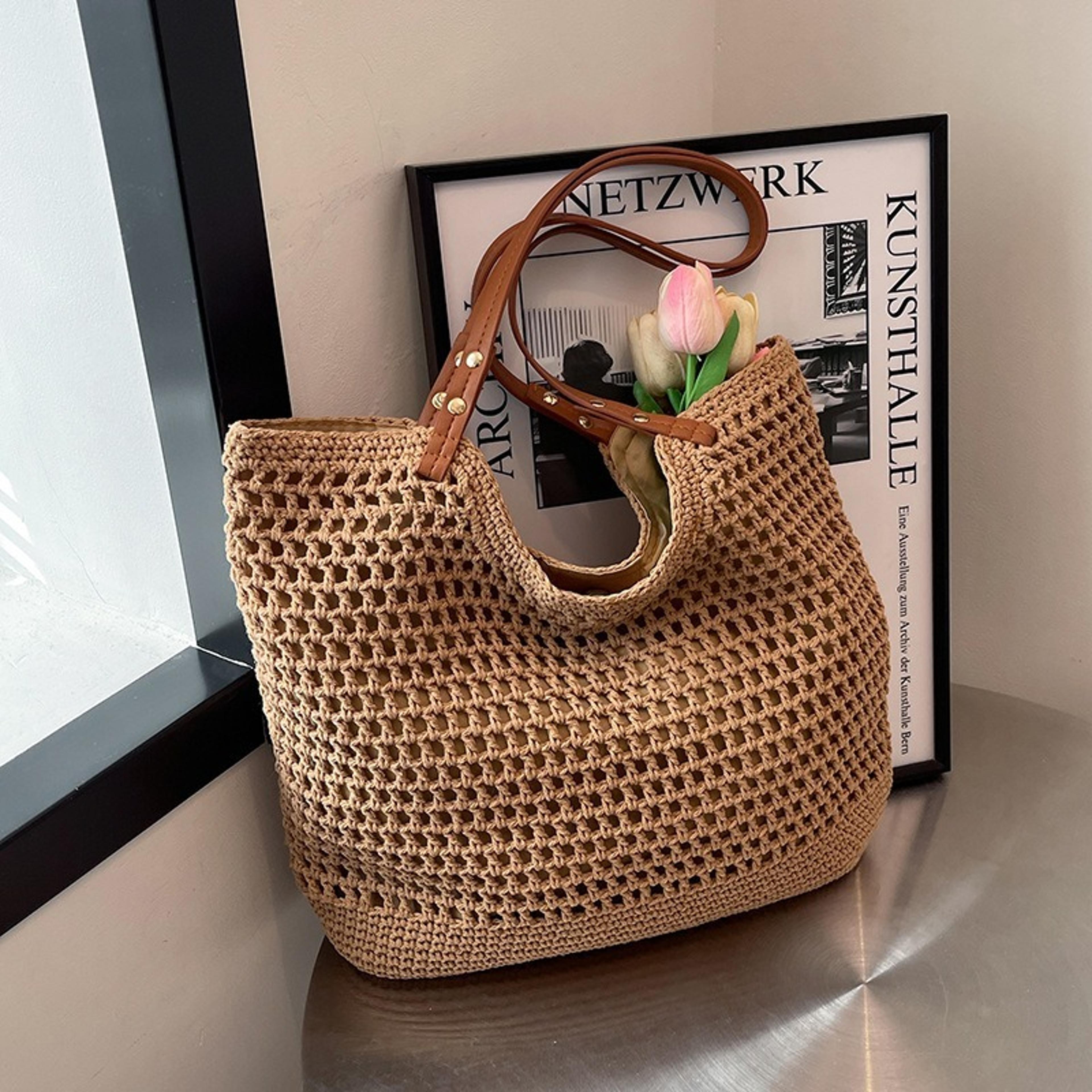 aura large mesh woven tote bag trendy hollow beach and travel shoulder purse