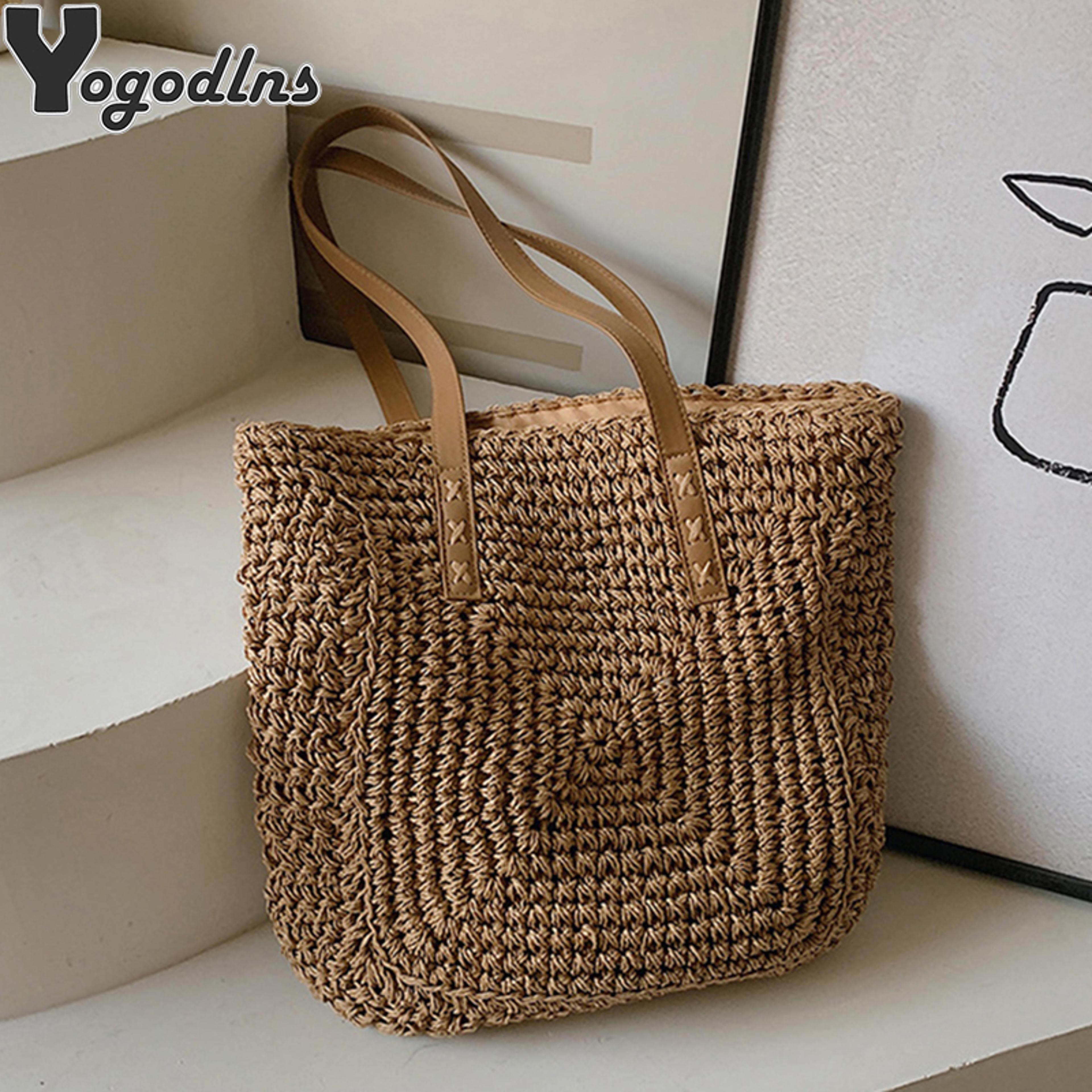 woven straw beach bag: large capacity raffia shoulder tote