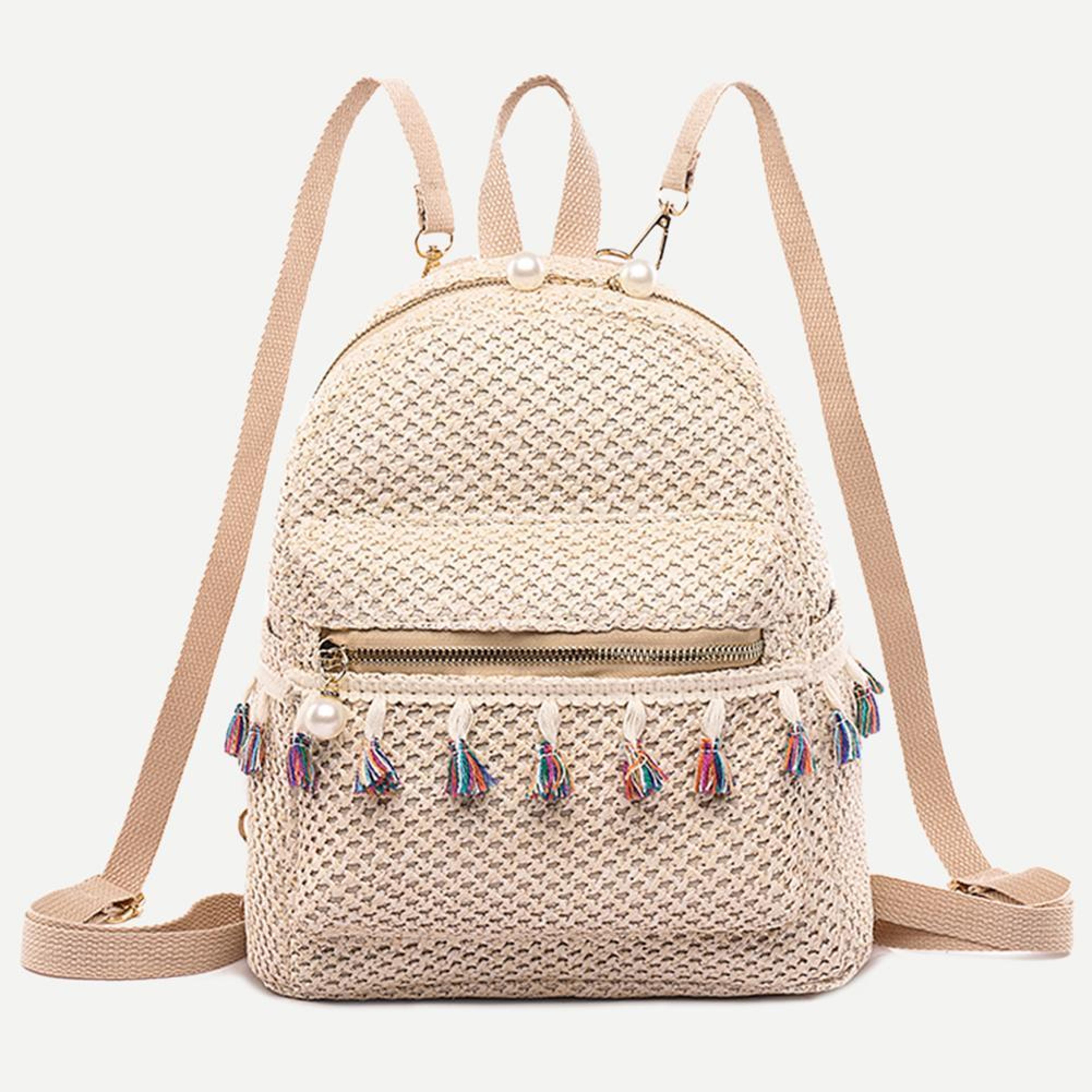 bohemian woven straw backpack for travel and daily commute