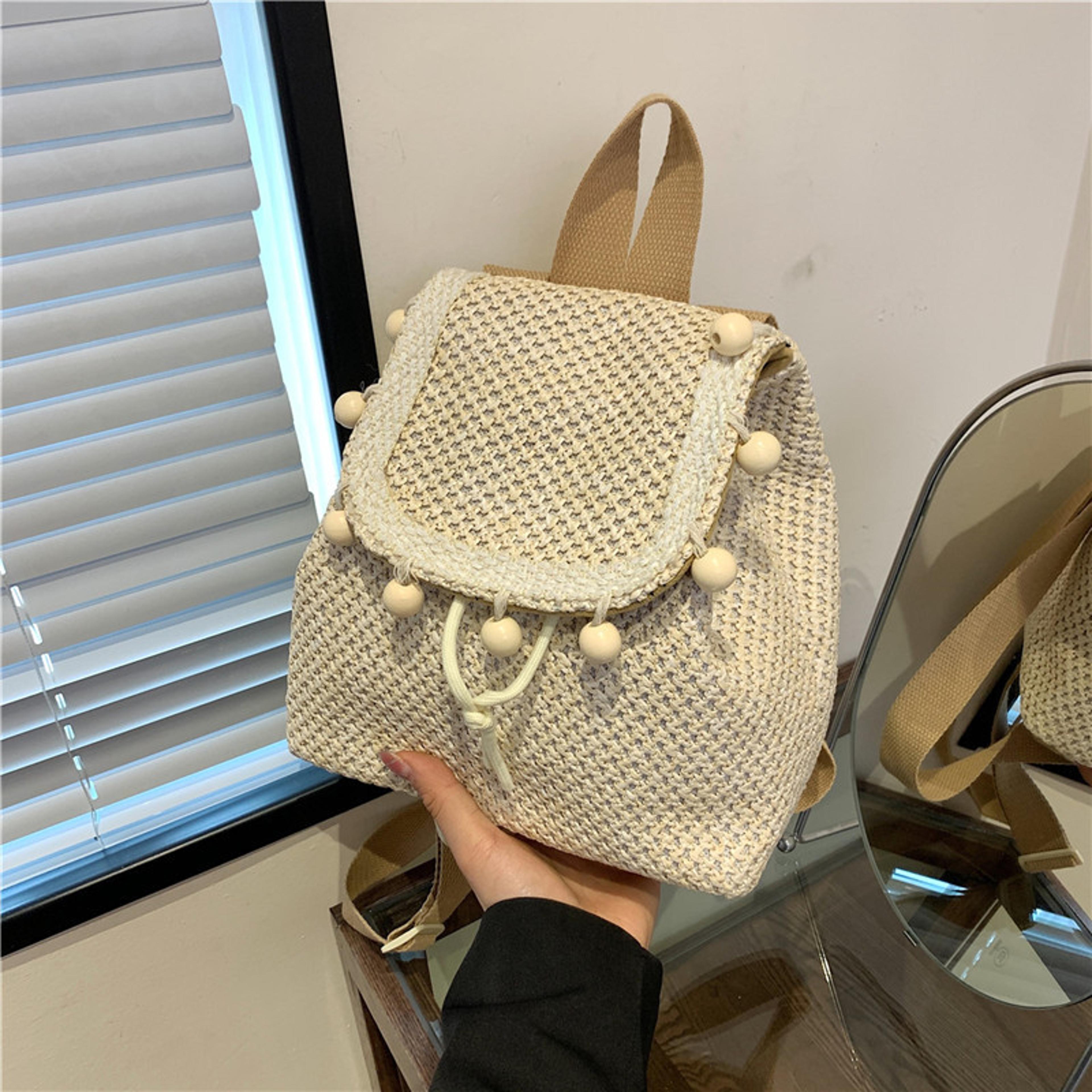 boho fringe straw backpack woven travel bag for beach and summer