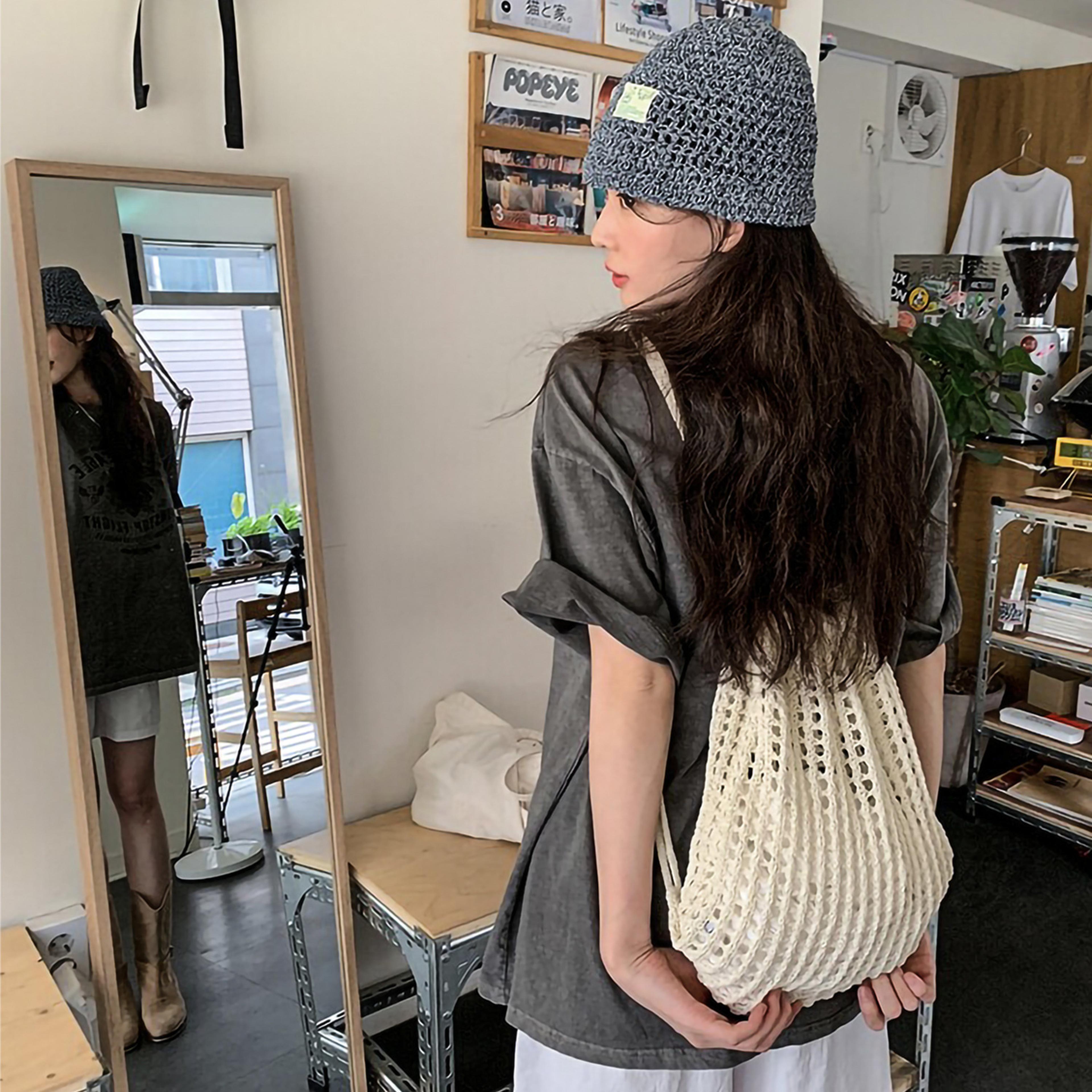 boho crochet backpack: casual handmade knit drawstring rucksack for summer beach travel and shopping