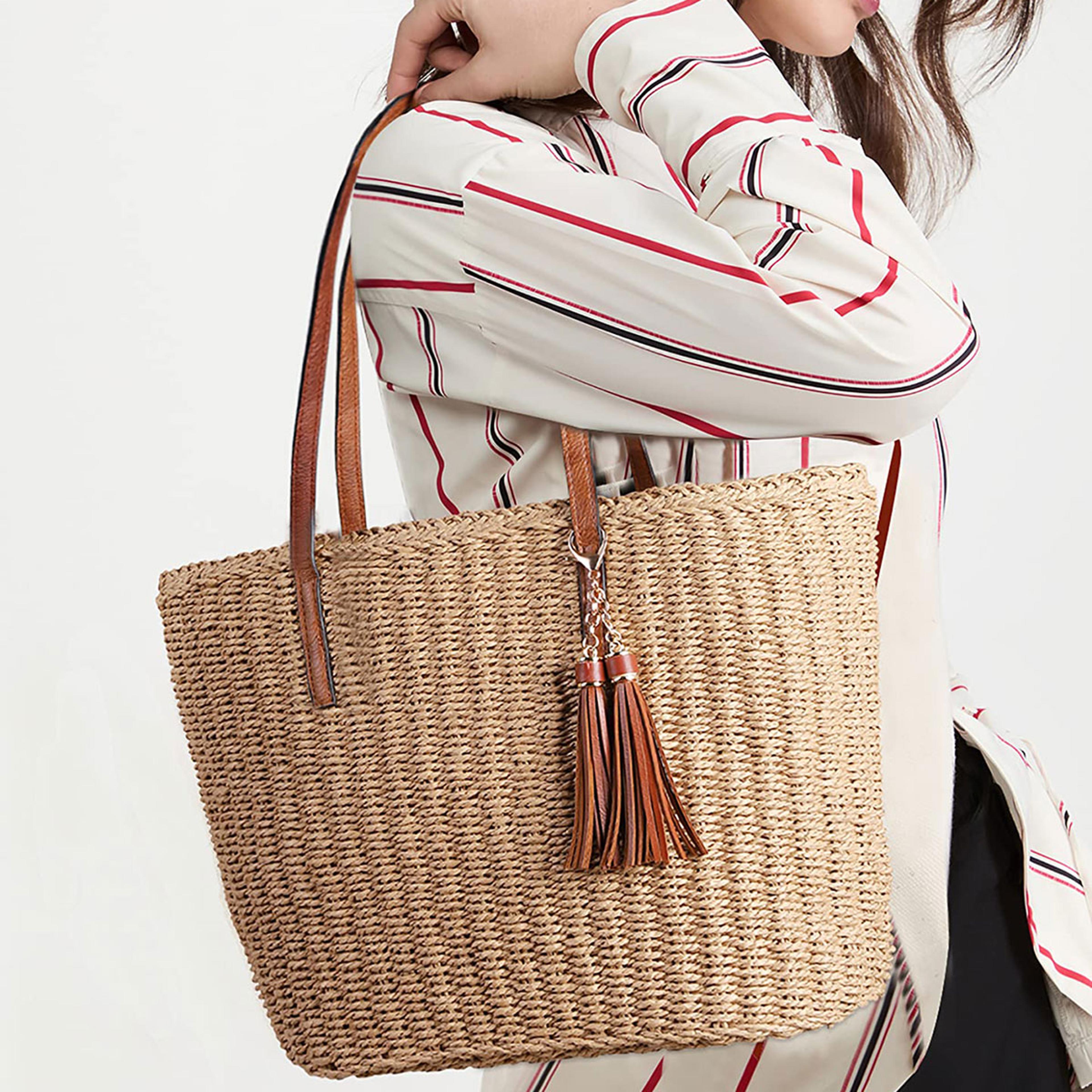 woven straw tote bag for women – large capacity beach bag with pu leather straps