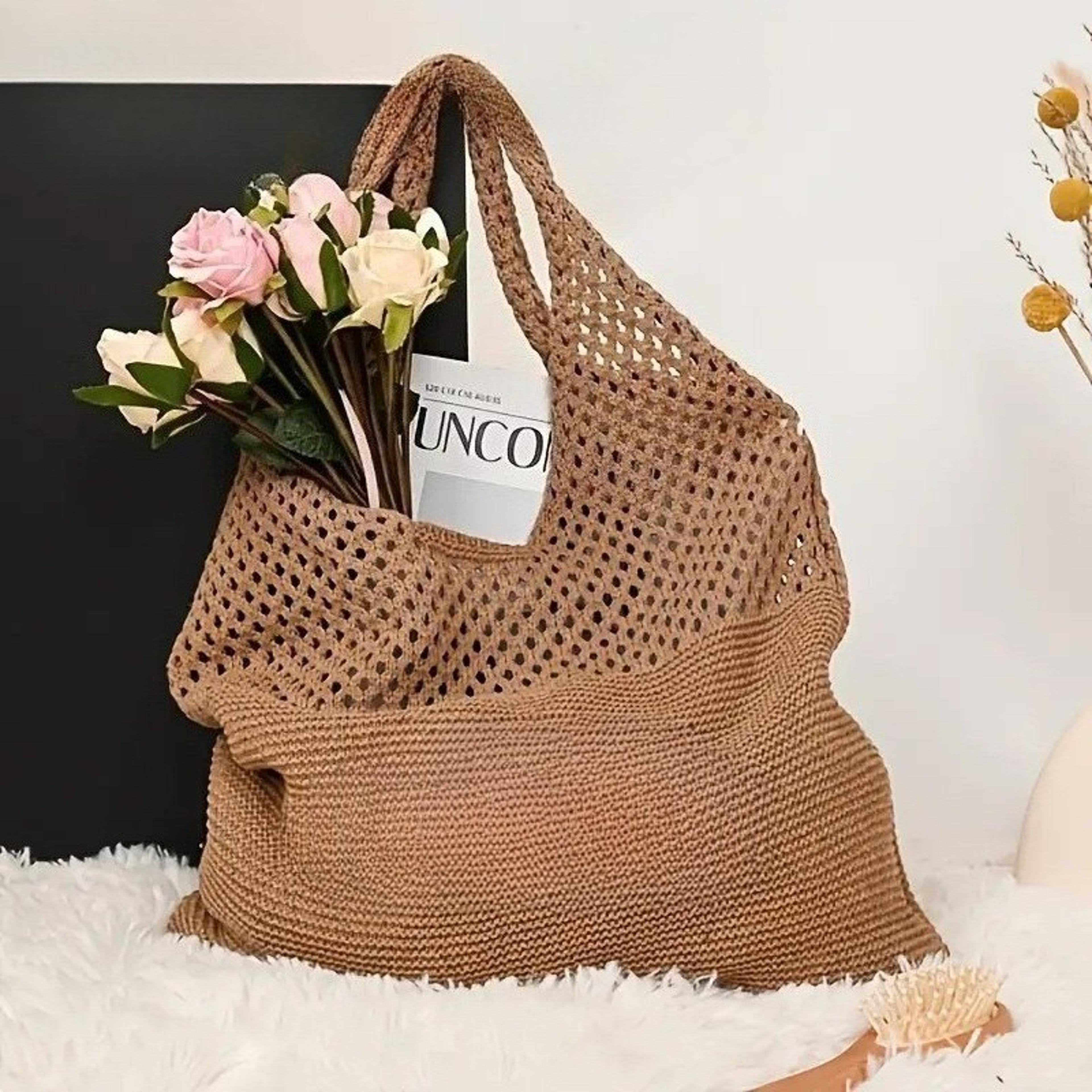 women hollow out knit tote bag: stylish summer shoulder bag for beach travel and casual chic