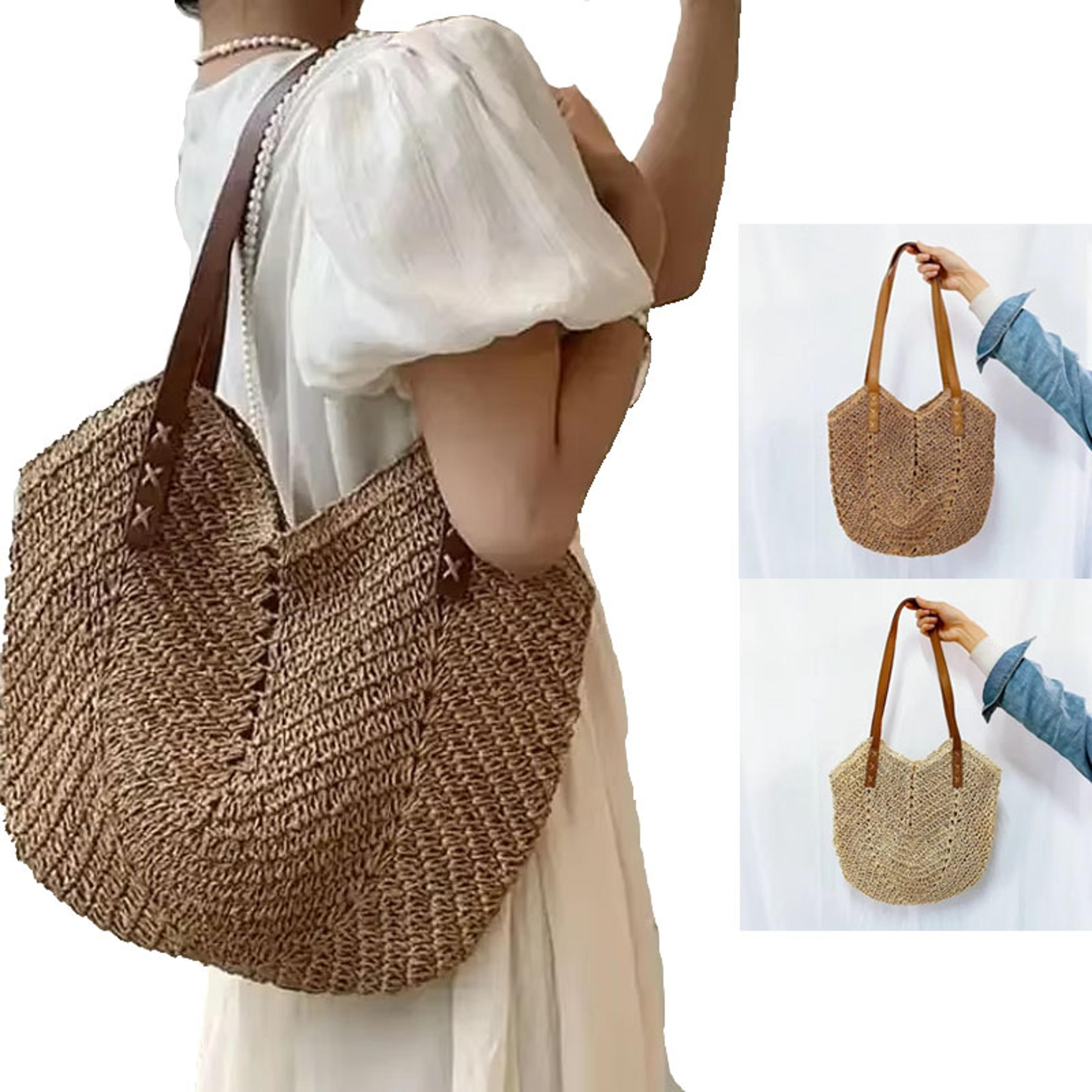 handwoven raffia crochet beach bag: chic summer straw shoulder bag with rattan top handle