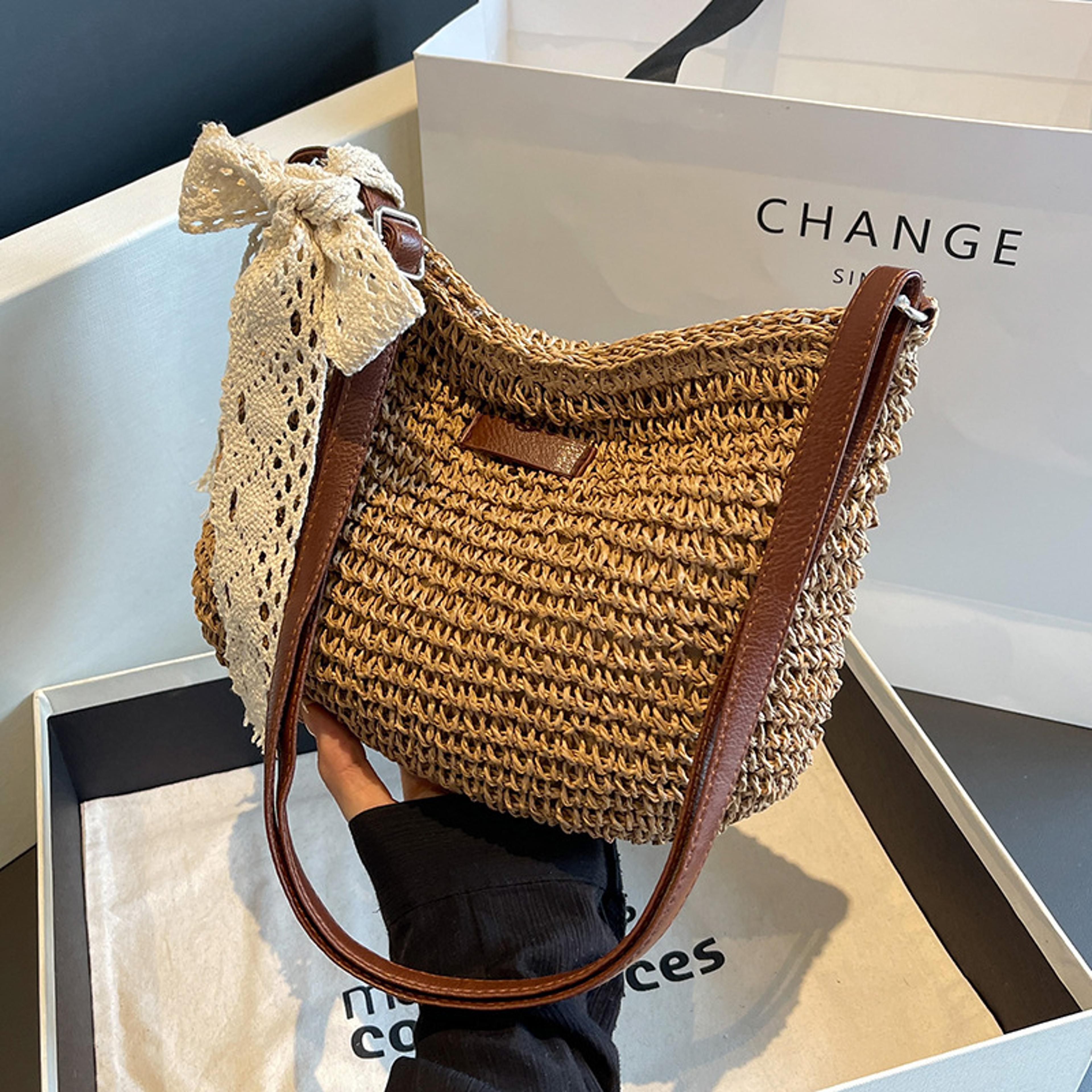 boho woven straw tote bag with lace ribbon details for summer beach vacations