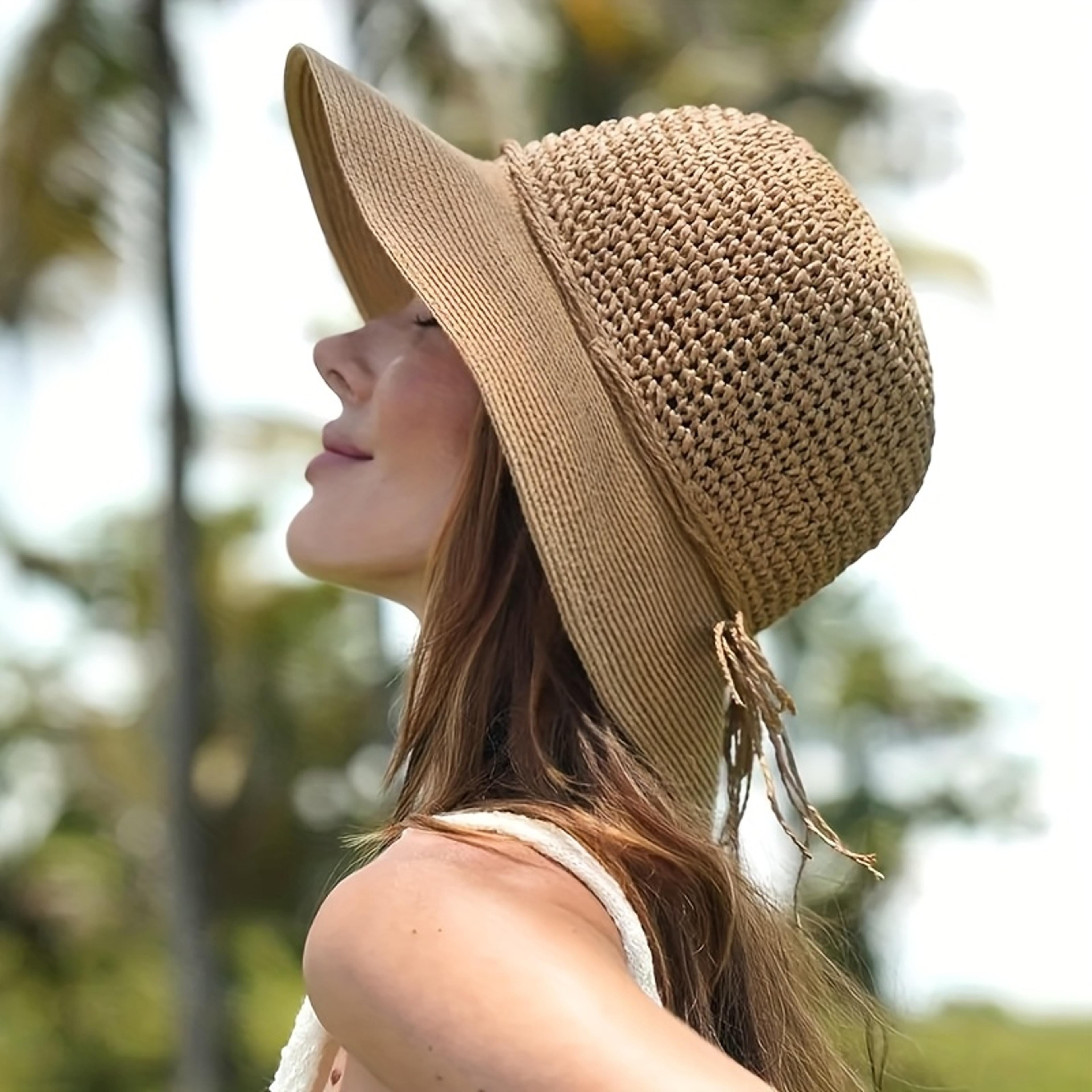 womens summer crochet sun hat wide brim foldable breathable travel beach hat with chin strap