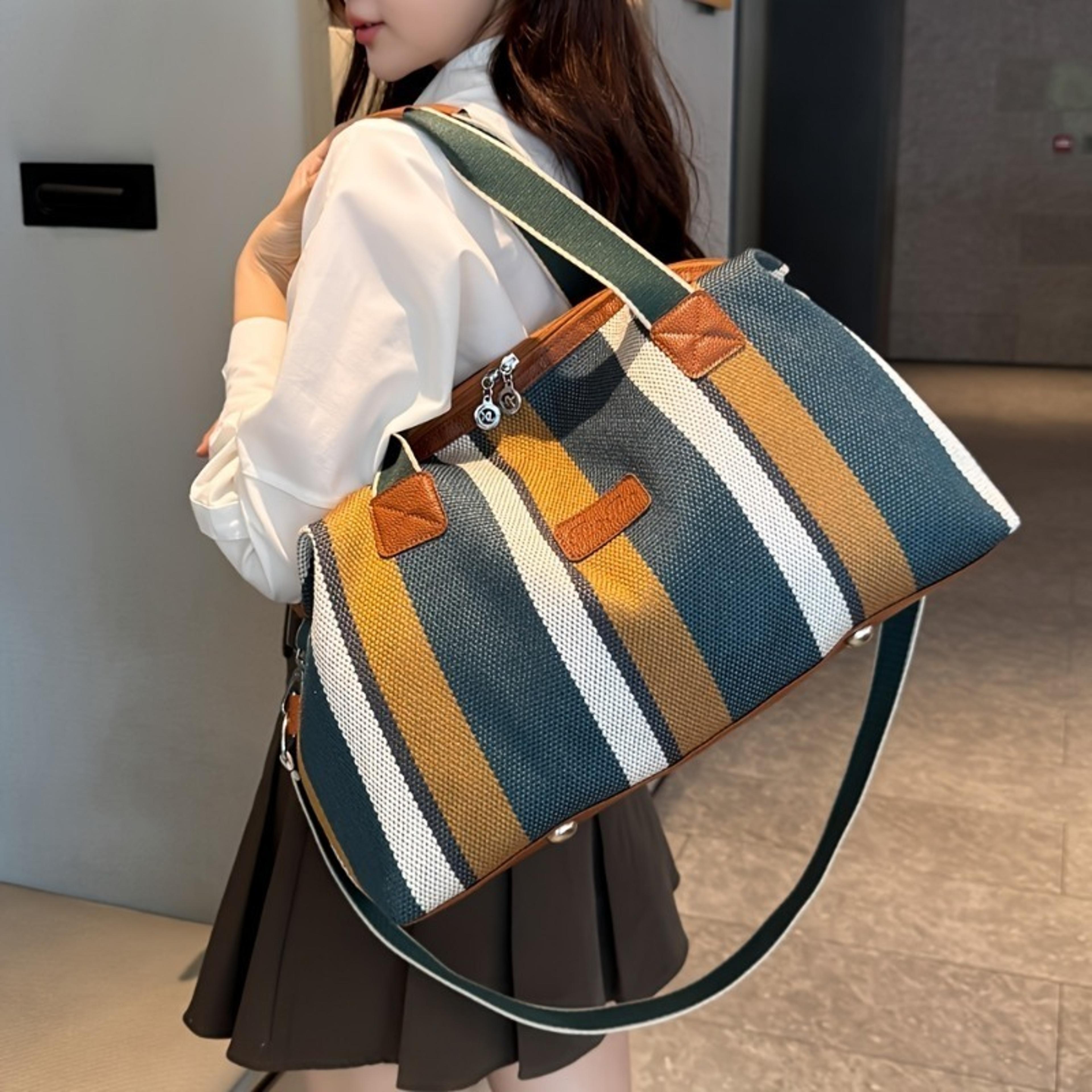 fashion striped canvas large capacity tote: versatile commuter handbag, shoulder crossbody bag & stylish mom diaper bag