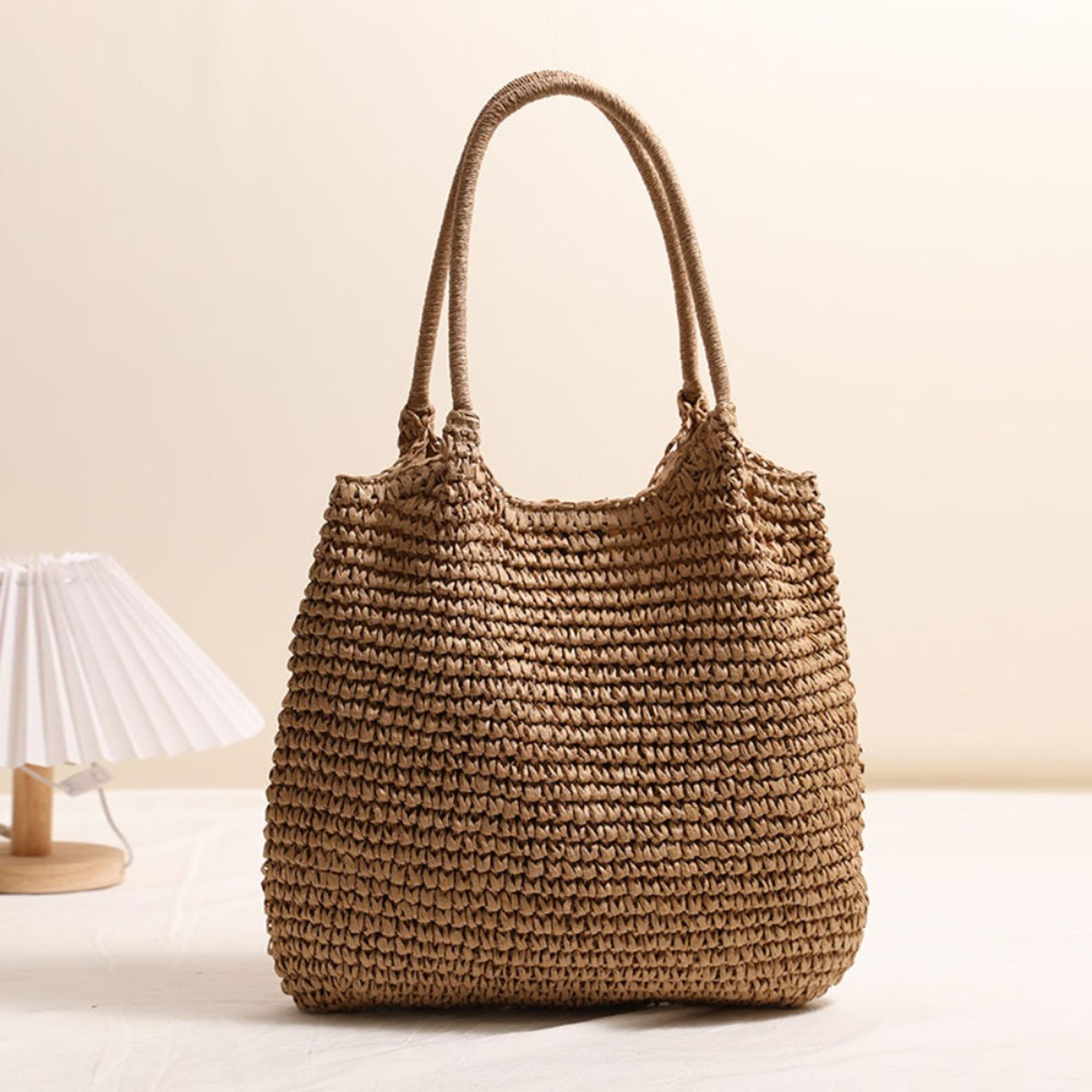 large capacity woven straw tote bag for summer beach vacations and travel