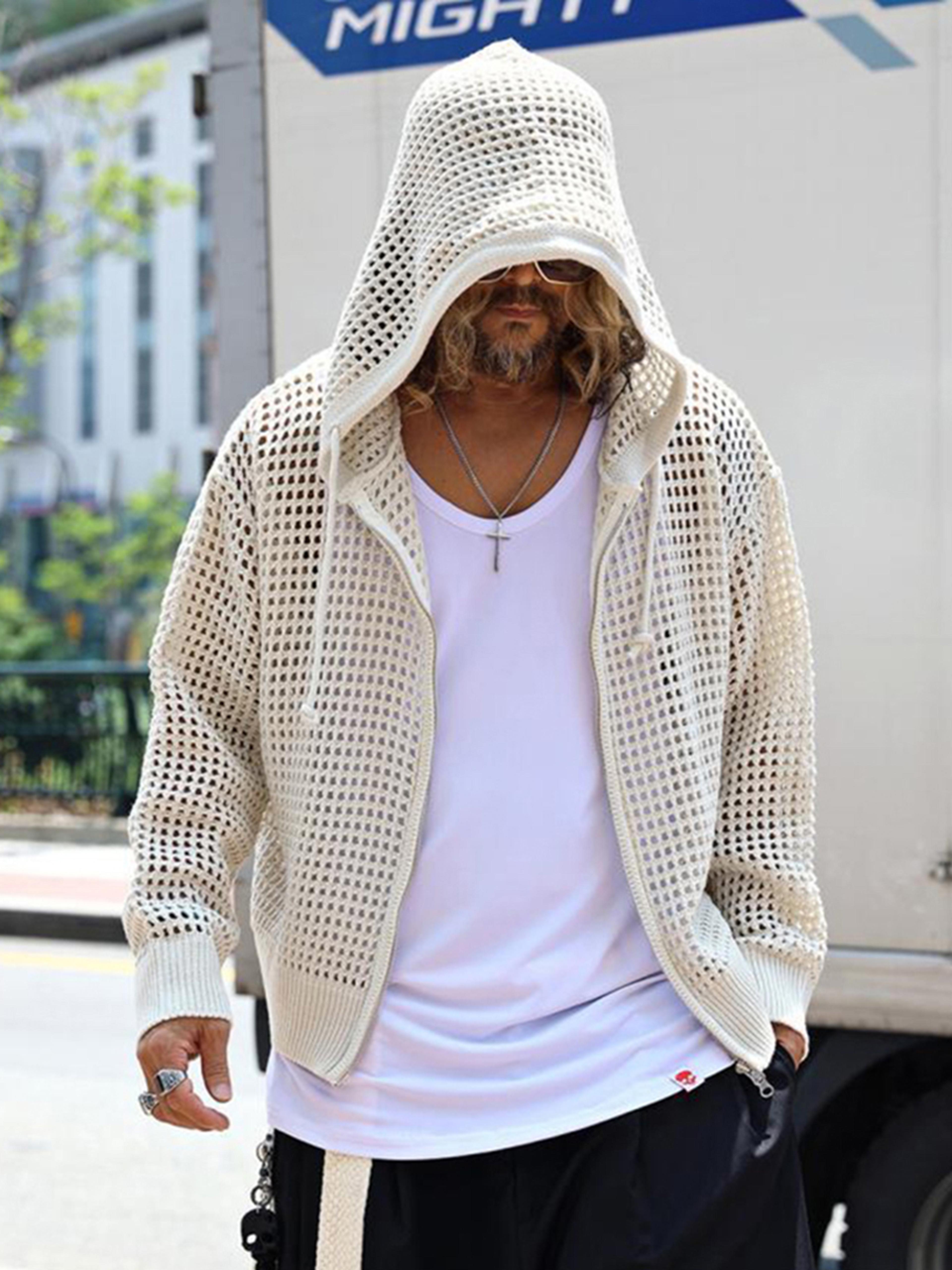 mens korean style hollow out hooded cardigan – oversized zip up knit jacket