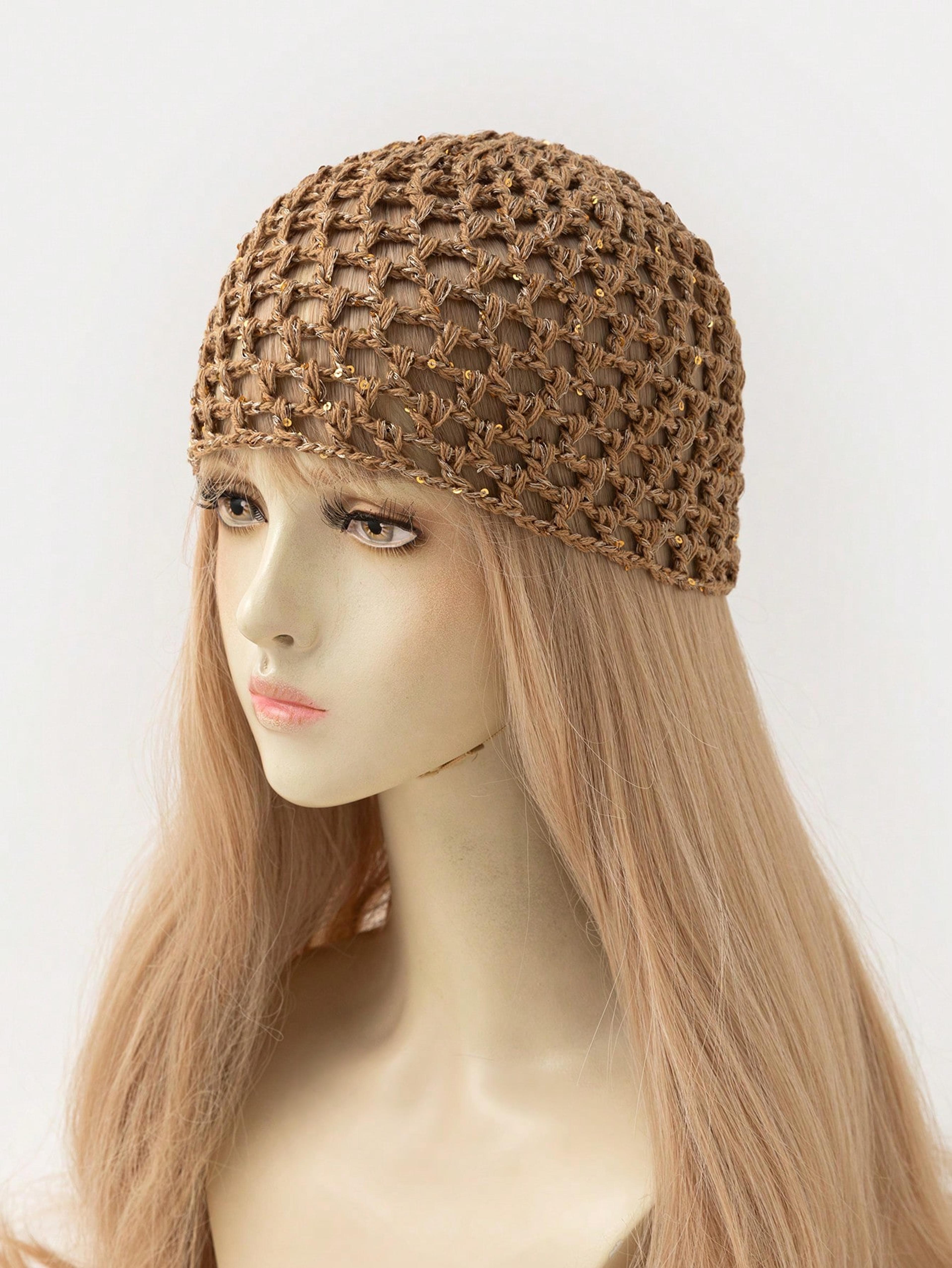 womens hollow crochet sequin bucket hat – versatile boho summer beanie and festival headwear