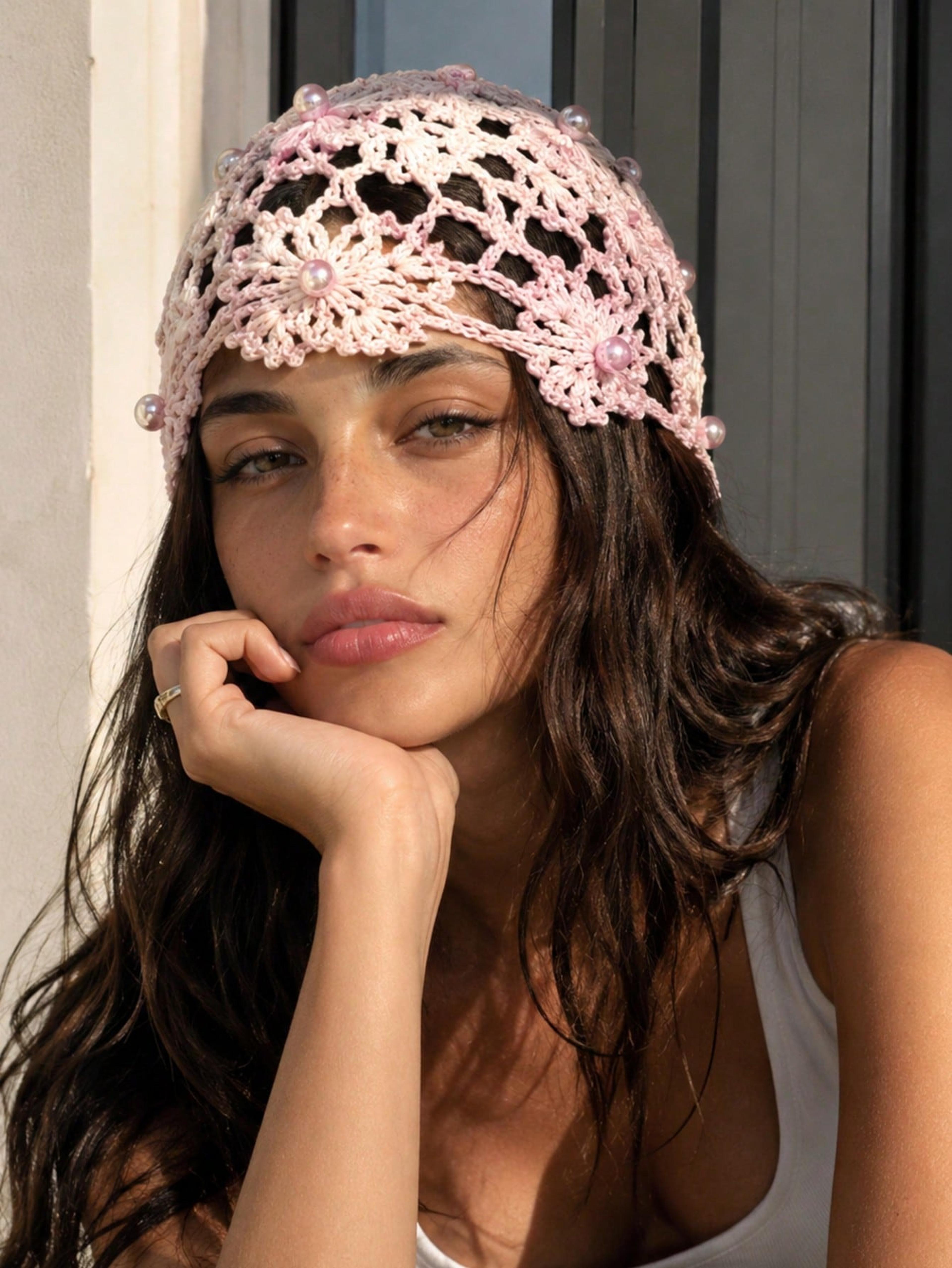 handmade crochet summer hat with pearl accents breathable knit beanie