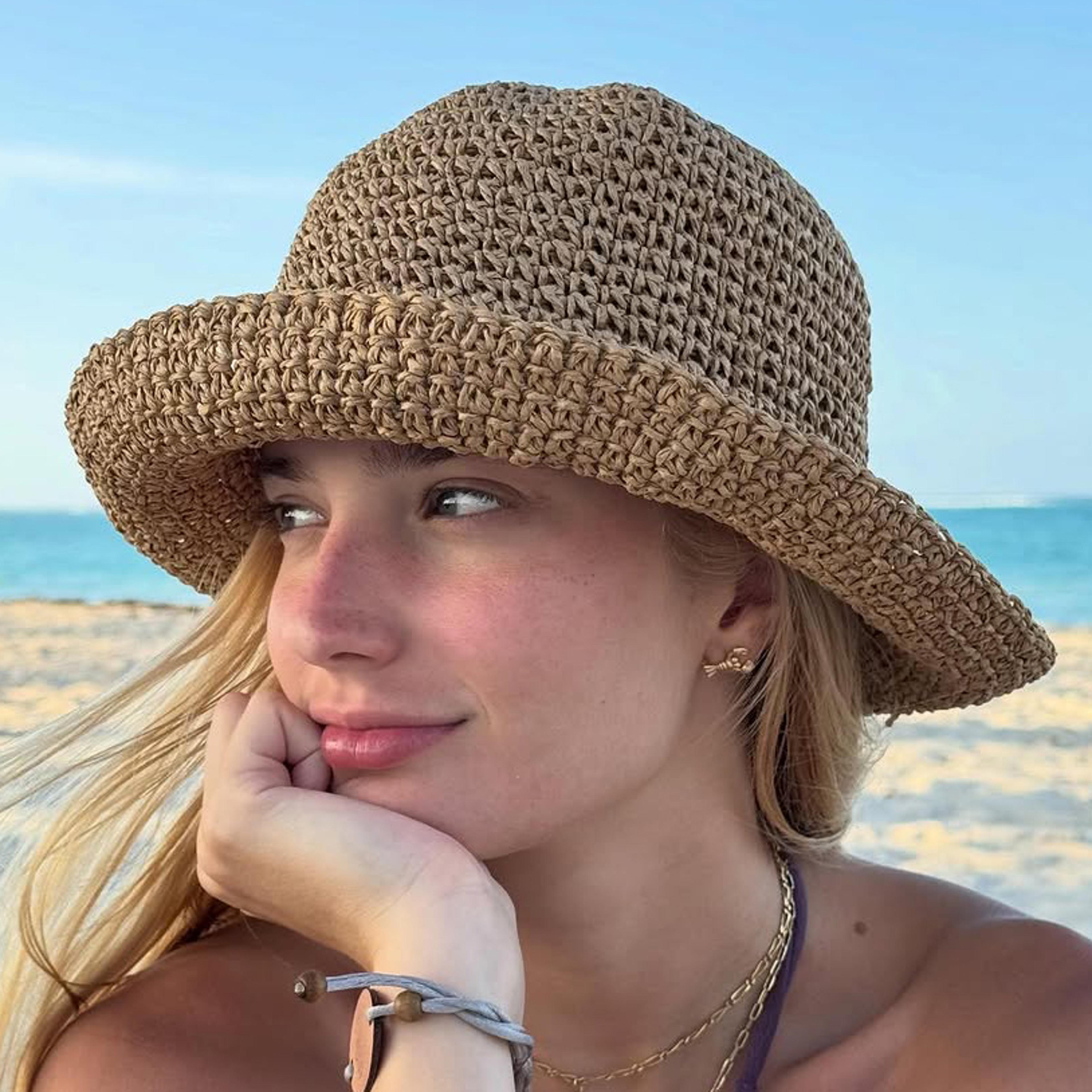 women crochet straw bucket hat: packable wide brim beach hat for summer uv protection