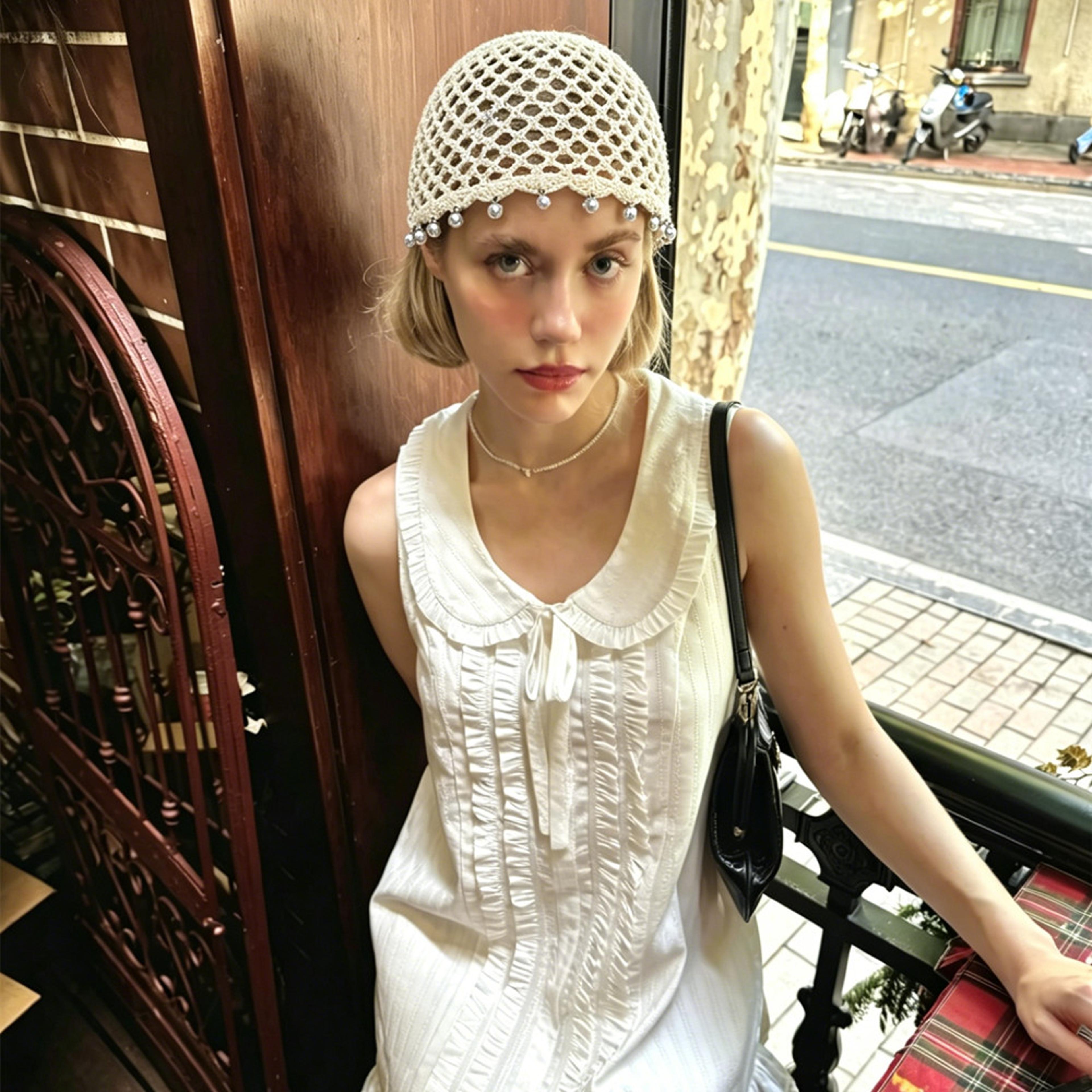 crochet hat with pearl decor – breathable mesh summer beanie for retro aesthetic style