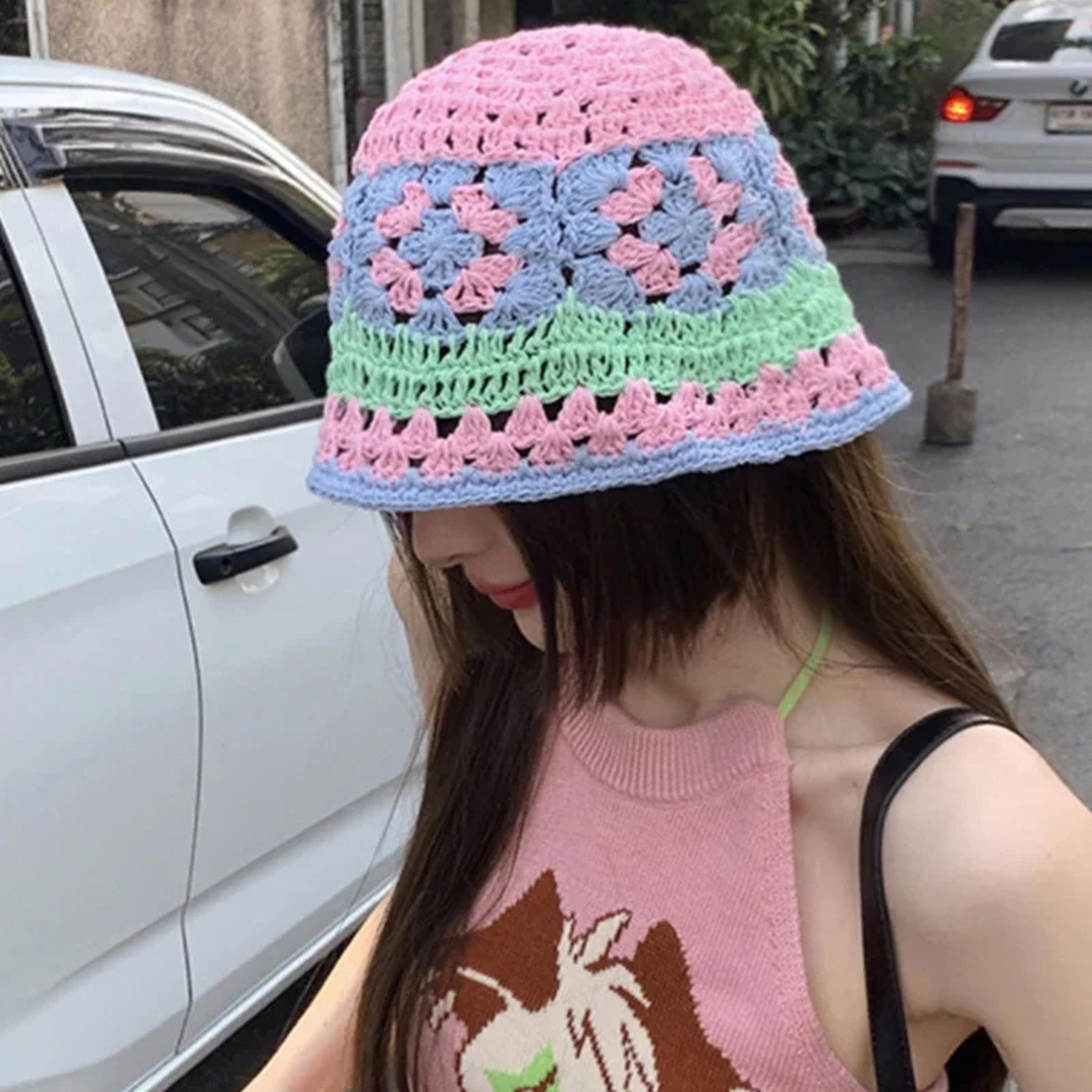 handmade crochet flower bucket hat for women – floral knit summer sun hat and boho basin cap