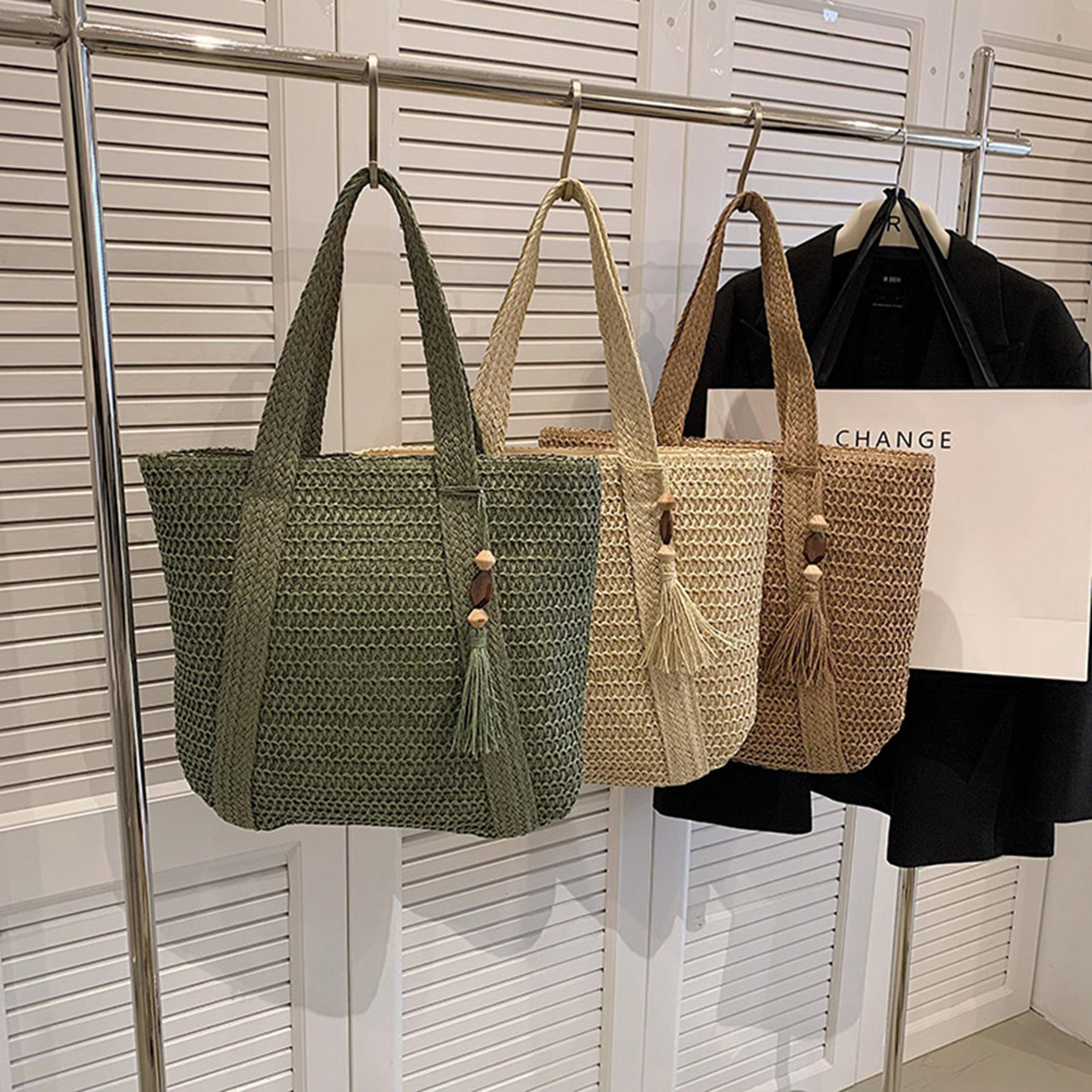 handwoven boho straw beach bag – large raffia tote with tassel detail