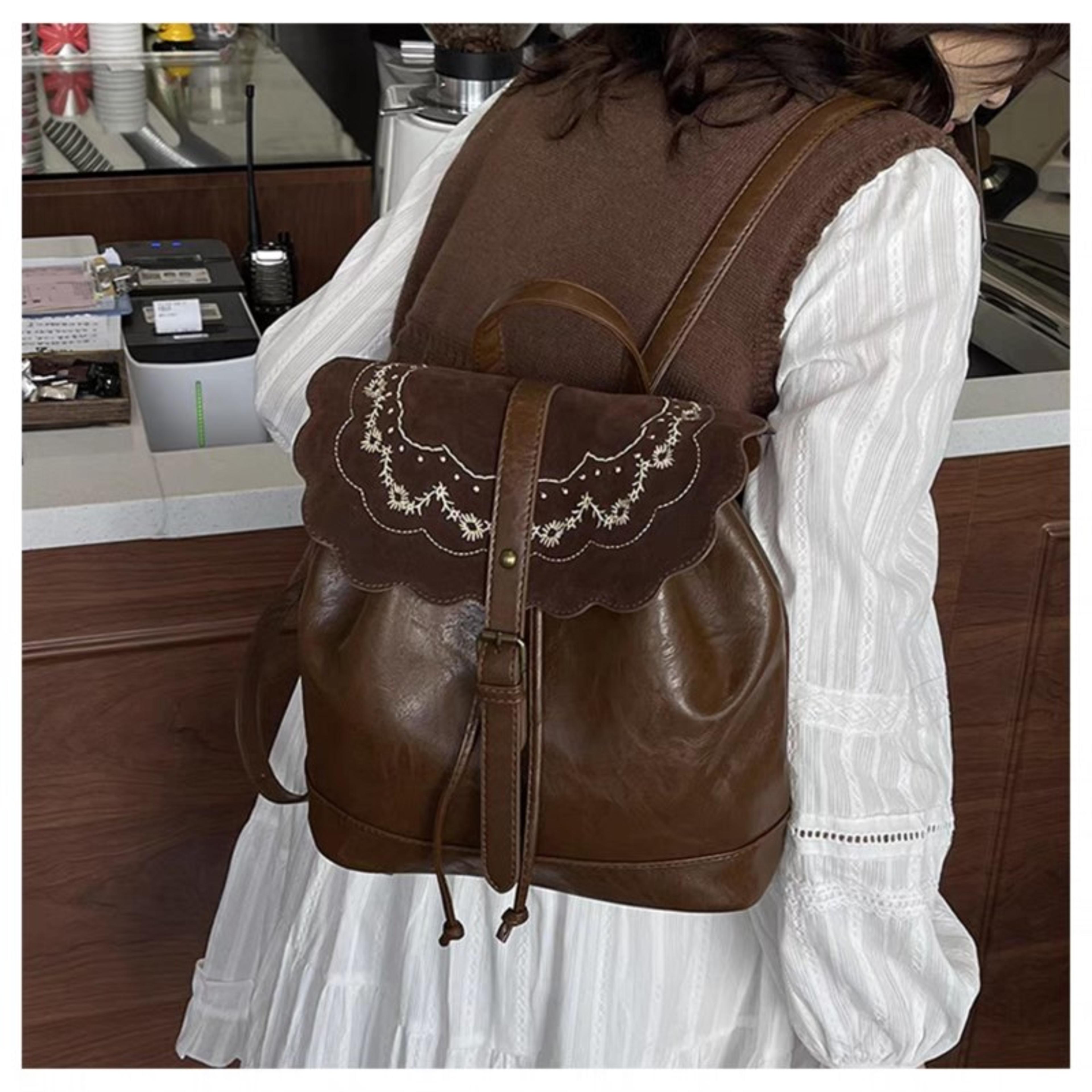 retro brown mini backpack leather college style chic embroidered daypack