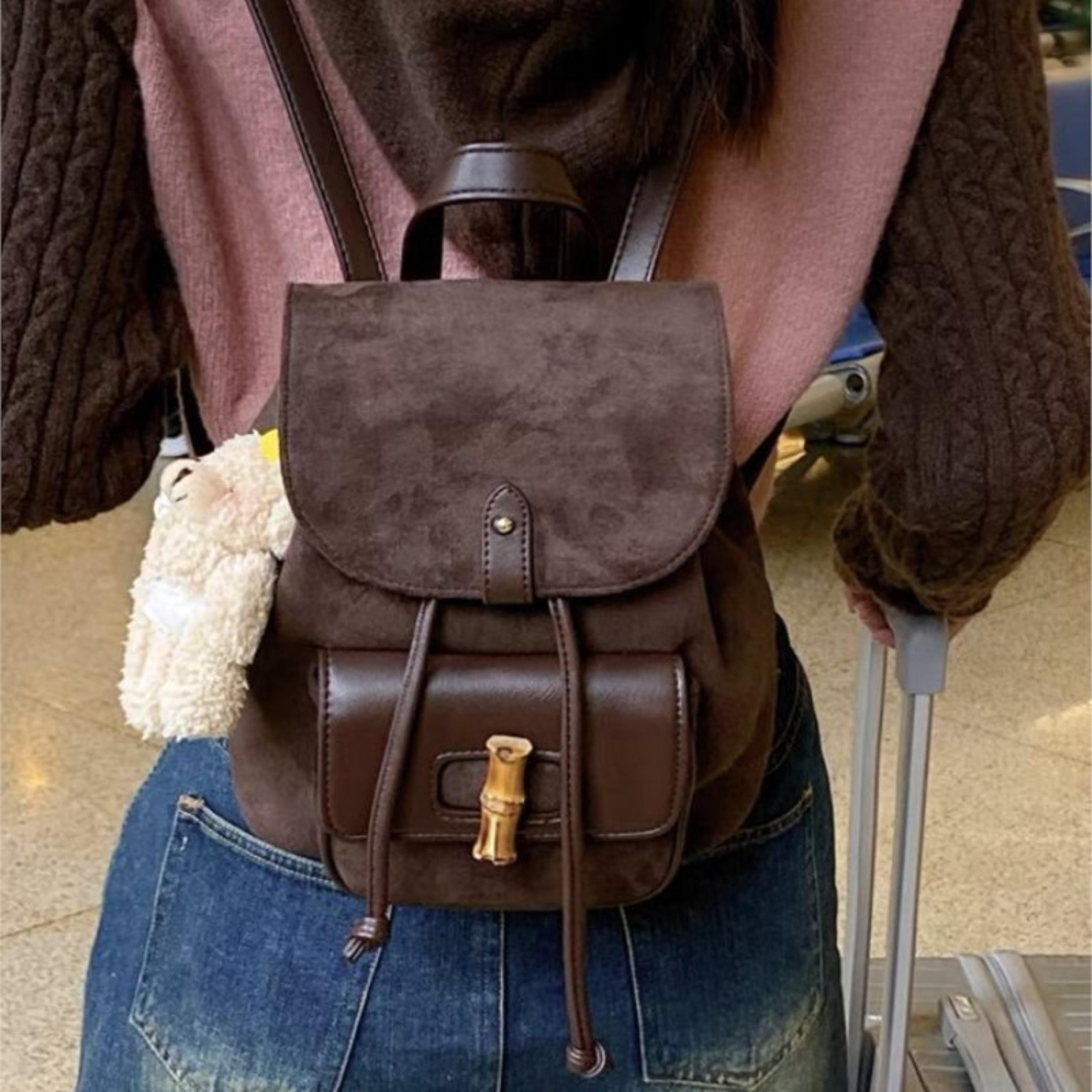 vintage style brown suede mini backpack retro y2k casual aesthetic bag
