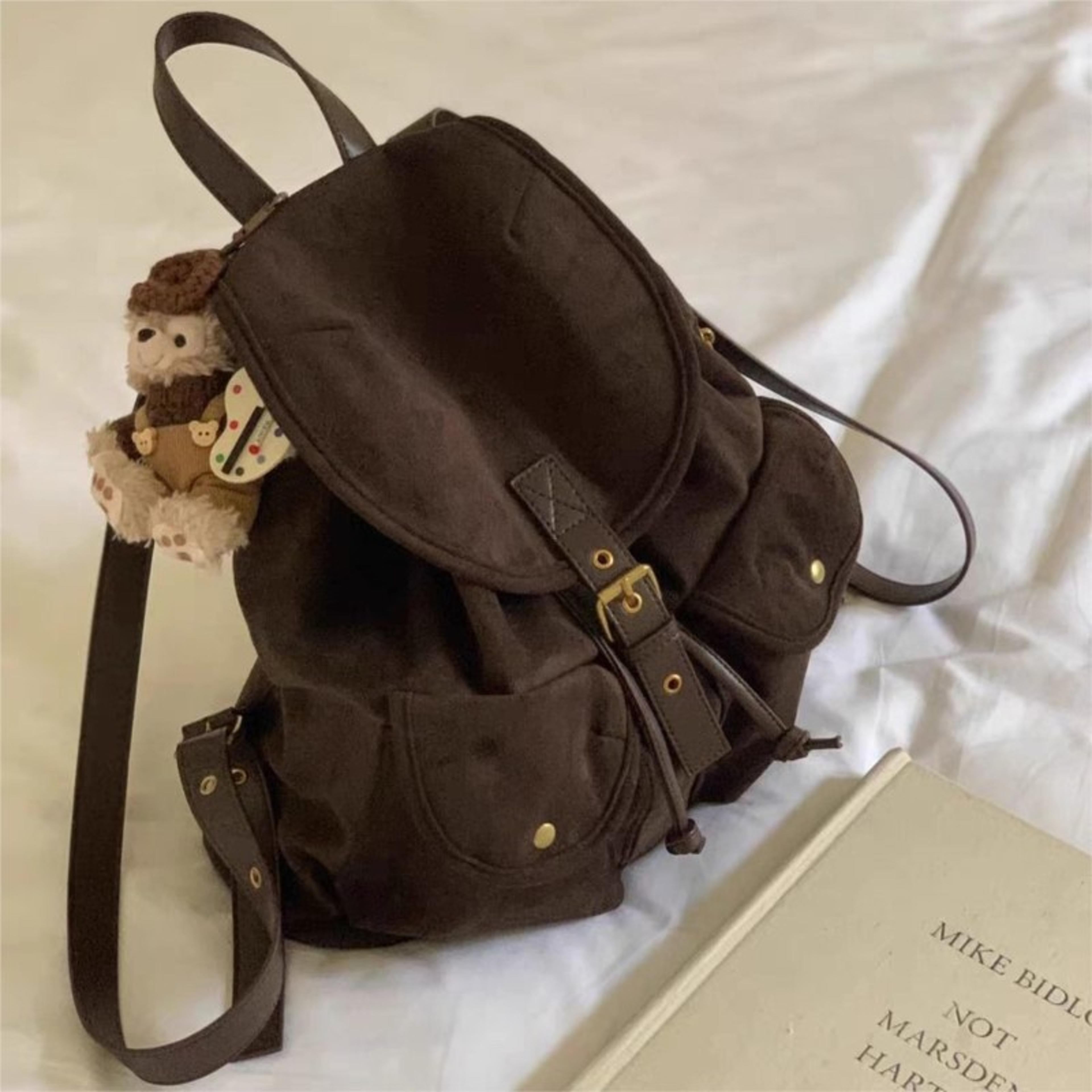 retro suede double pocket backpack – lightweight large capacity daypack for womens casual everyday style