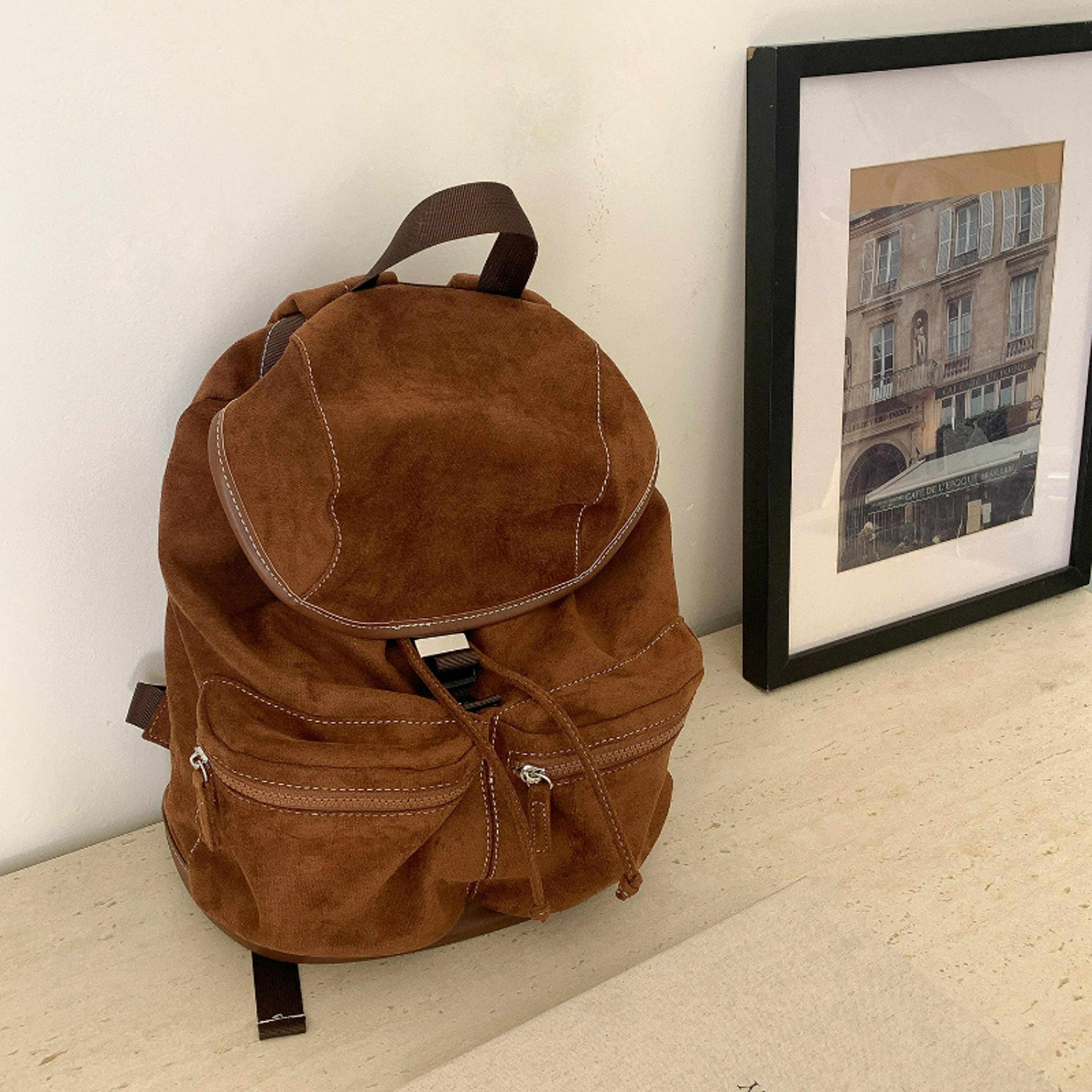 korean style vintage suede drawstring flap backpack – large capacity fashionable travel and school bag