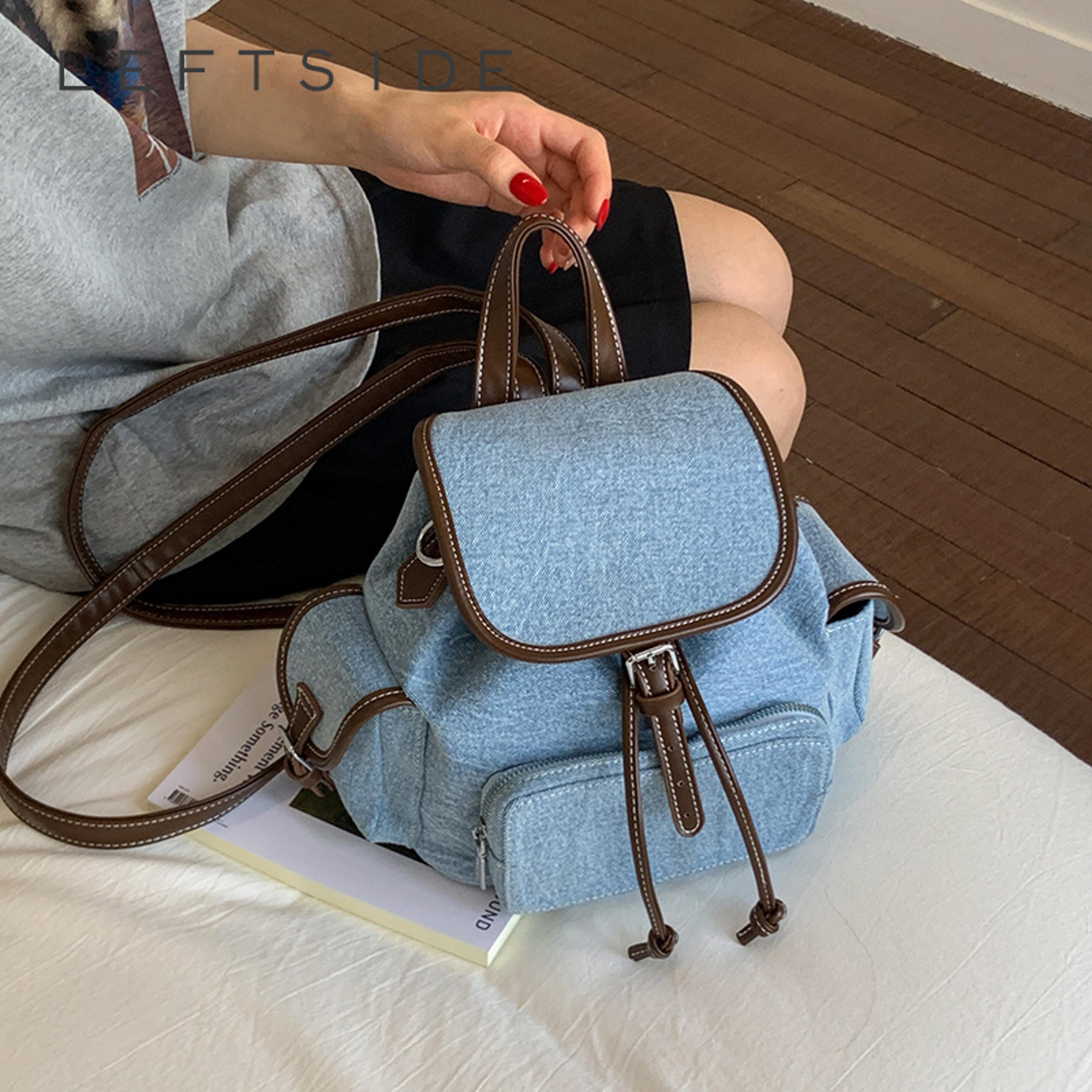 leftside vintage pu leather small backpack with double pockets for women