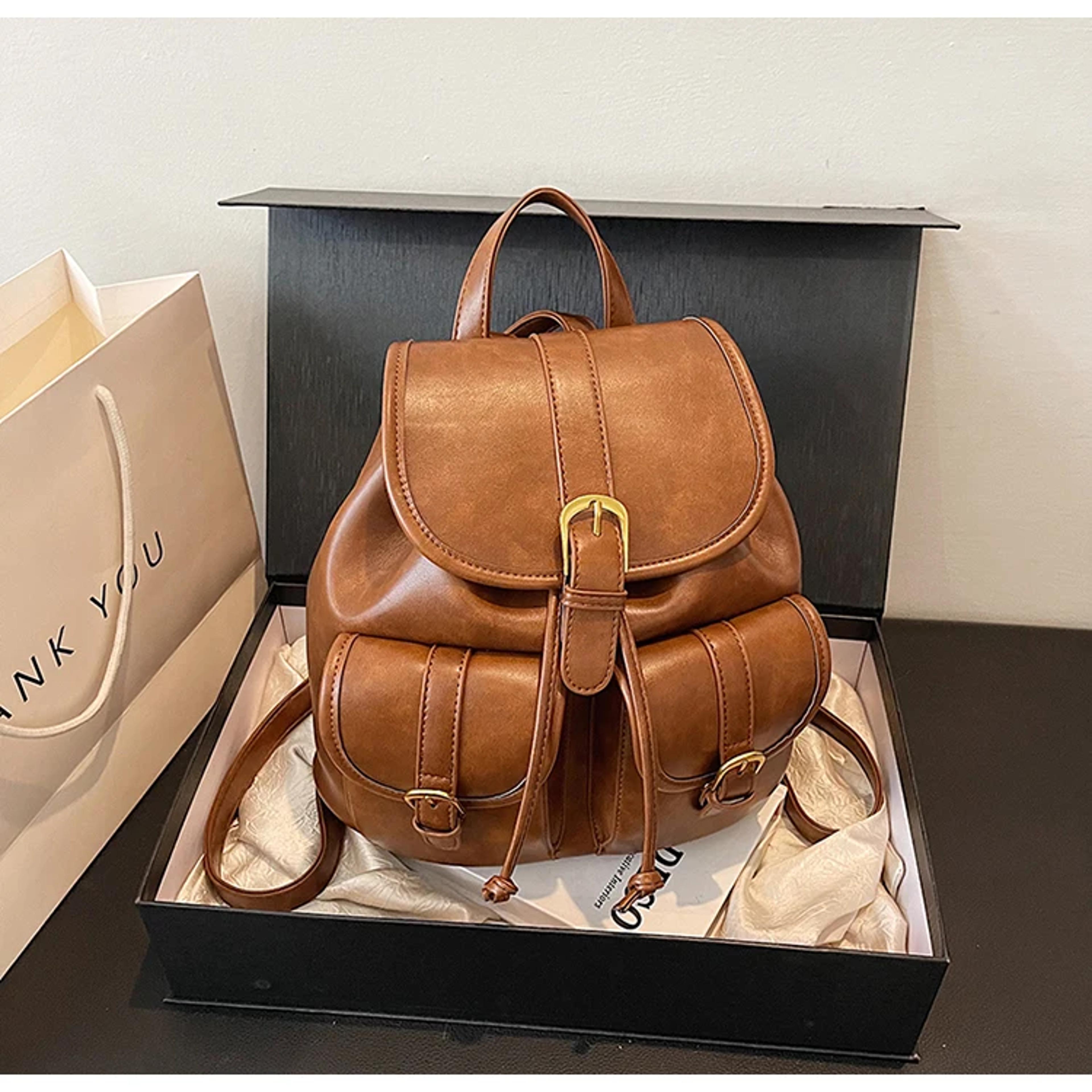 retro multi-pocket women's backpack: fashionable college bookbag & stylish soft leather aesthetic daypack