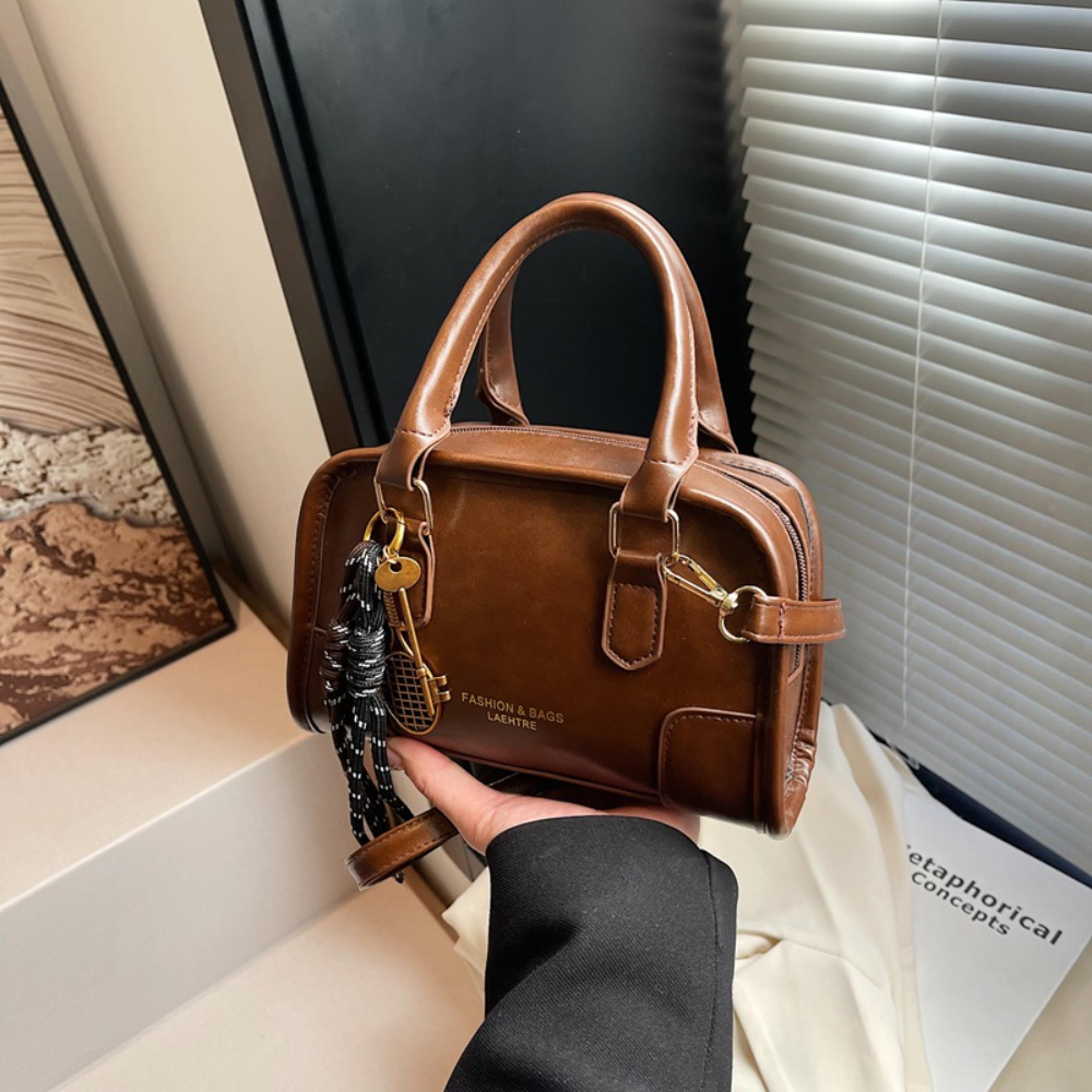 mini boston bag small leather crossbody purse with cute pendant for casual commute