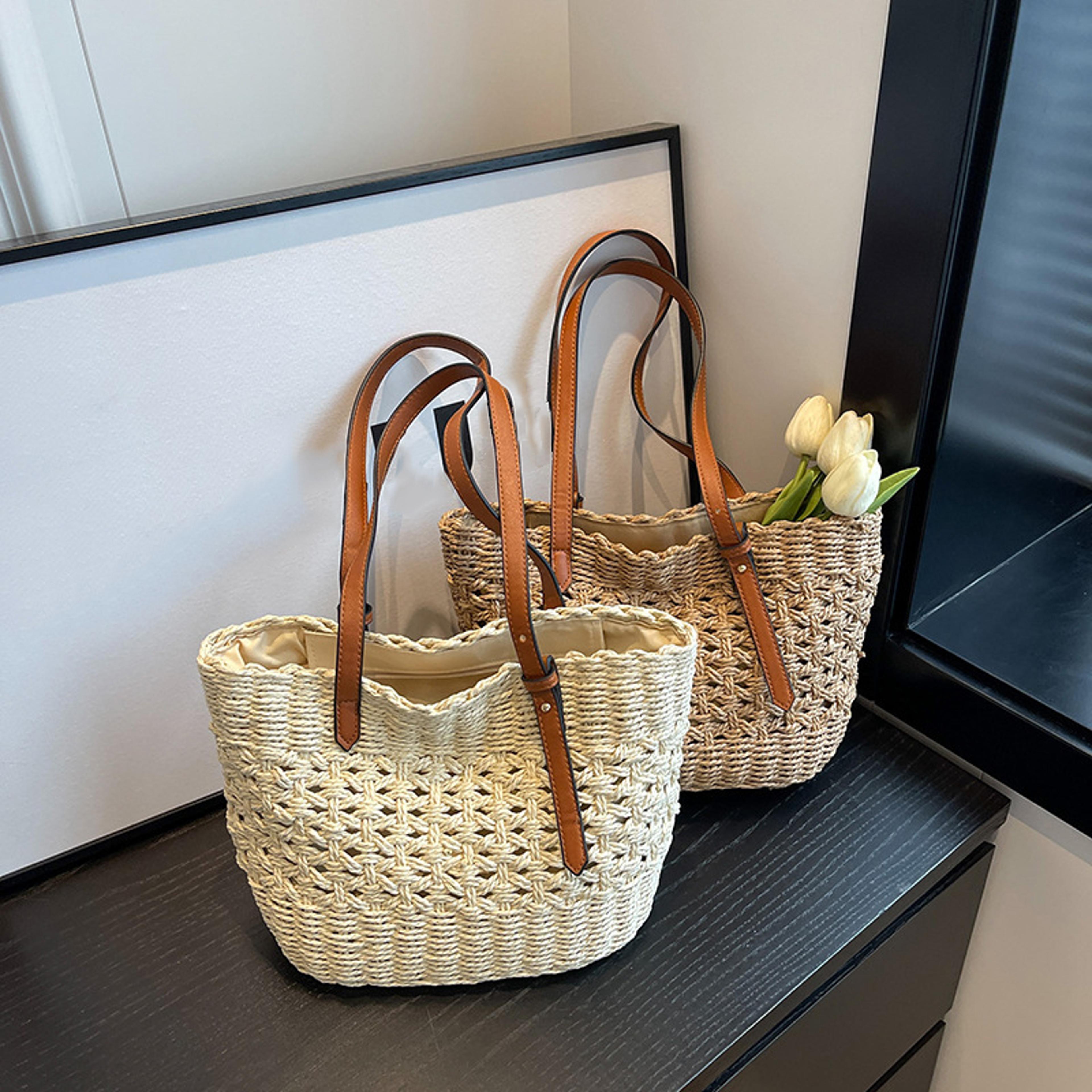bohemian woven straw tote bag with faux leather straps