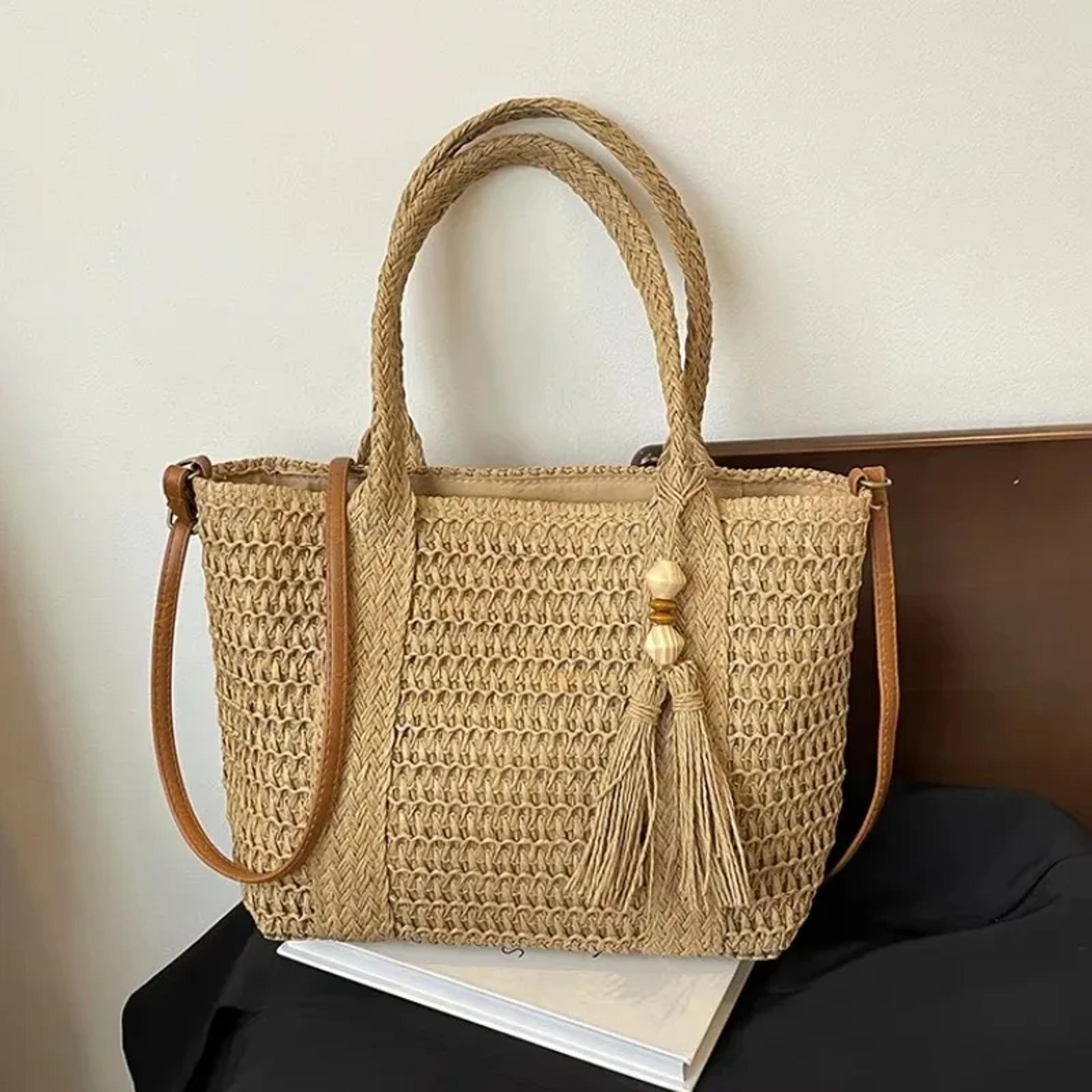 summer straw woven tote bag: large capacity bohemian shoulder purse for vacation and travel