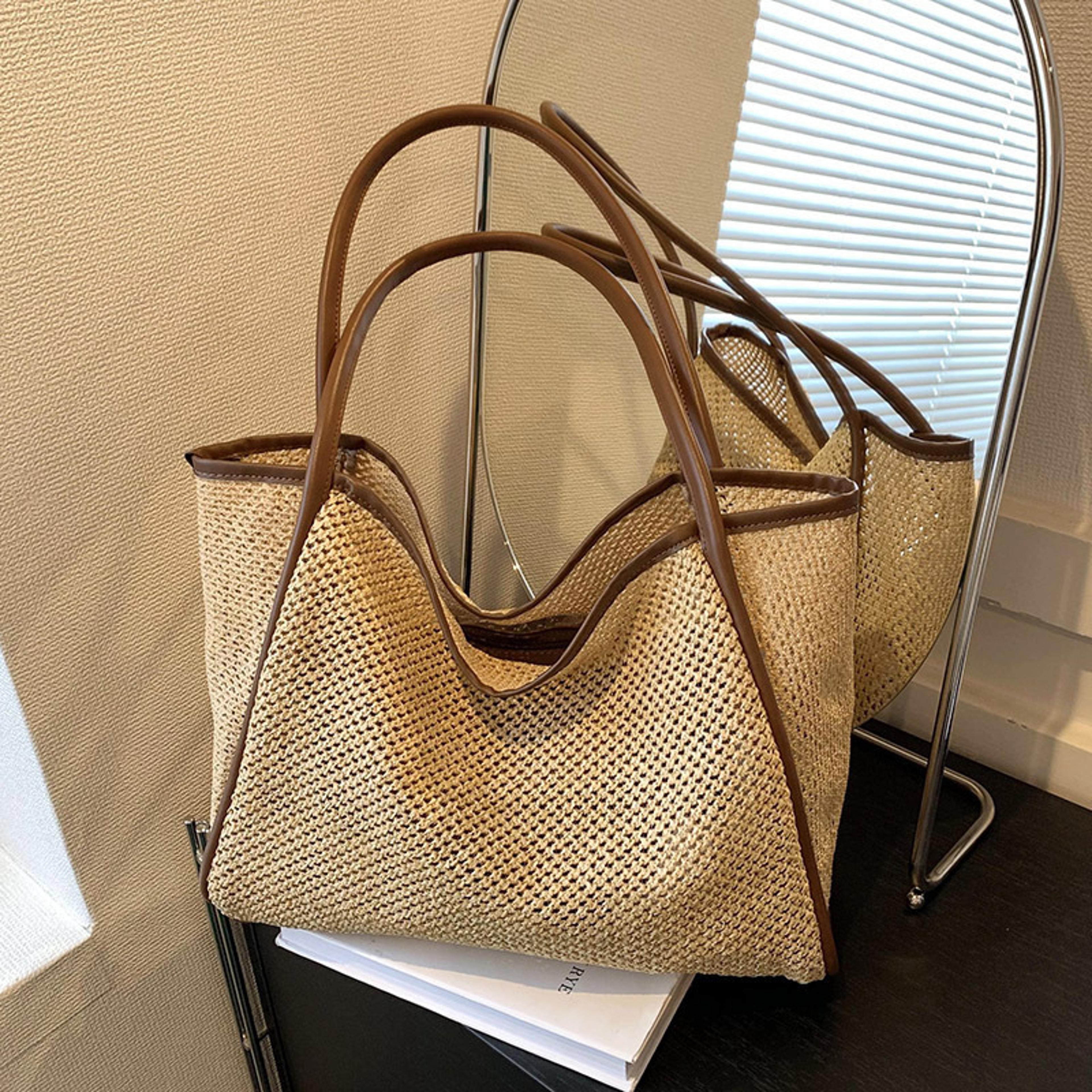 striped straw tote bag: large beach bag and summer vacation woven shoulder handbag