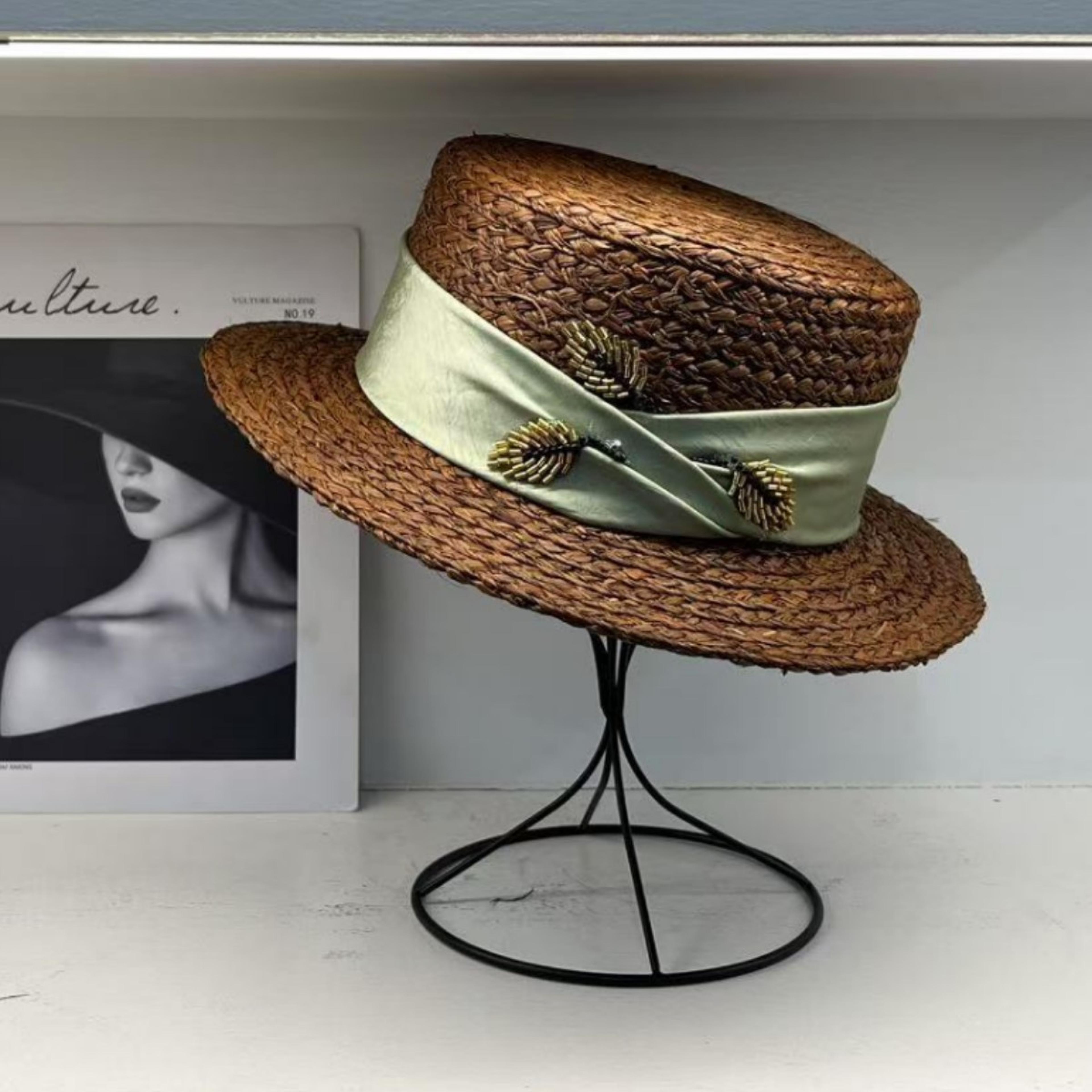 elegant french style lafite grass flat top sun hat for women