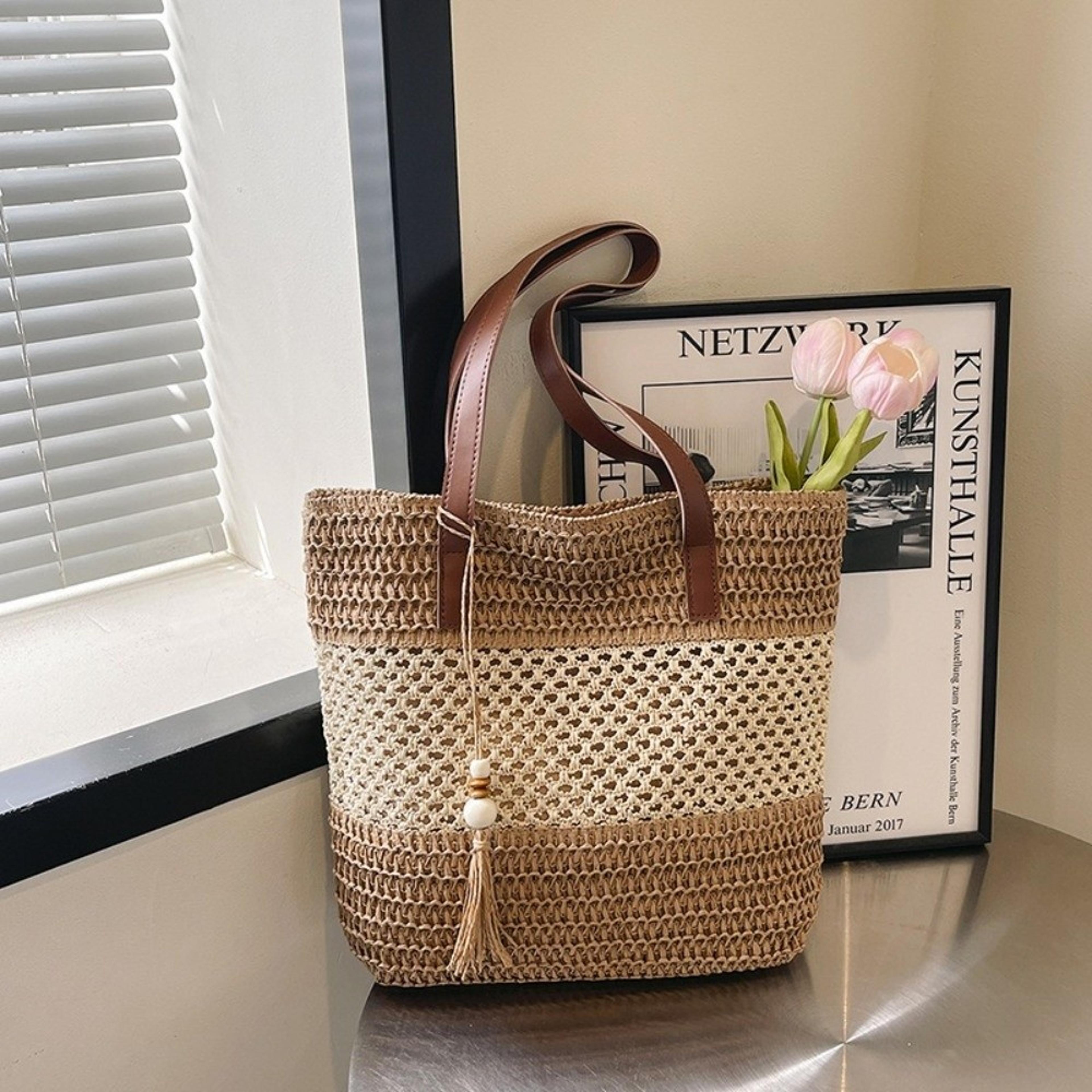 large capacity straw woven tote bag with leather handle – vacation beach bag