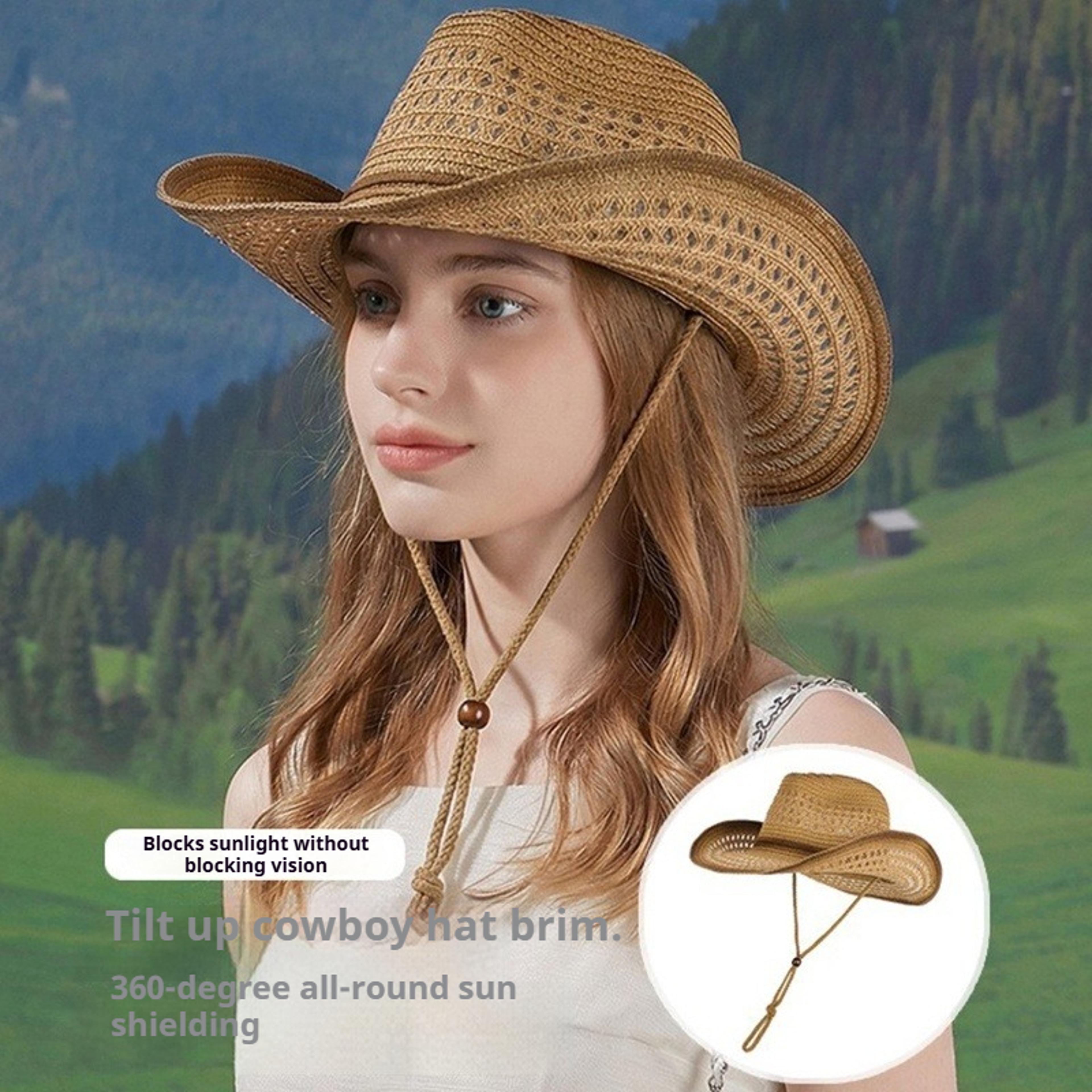 unisex western cowboy straw hat wide-brim summer sun hat for beach and travel