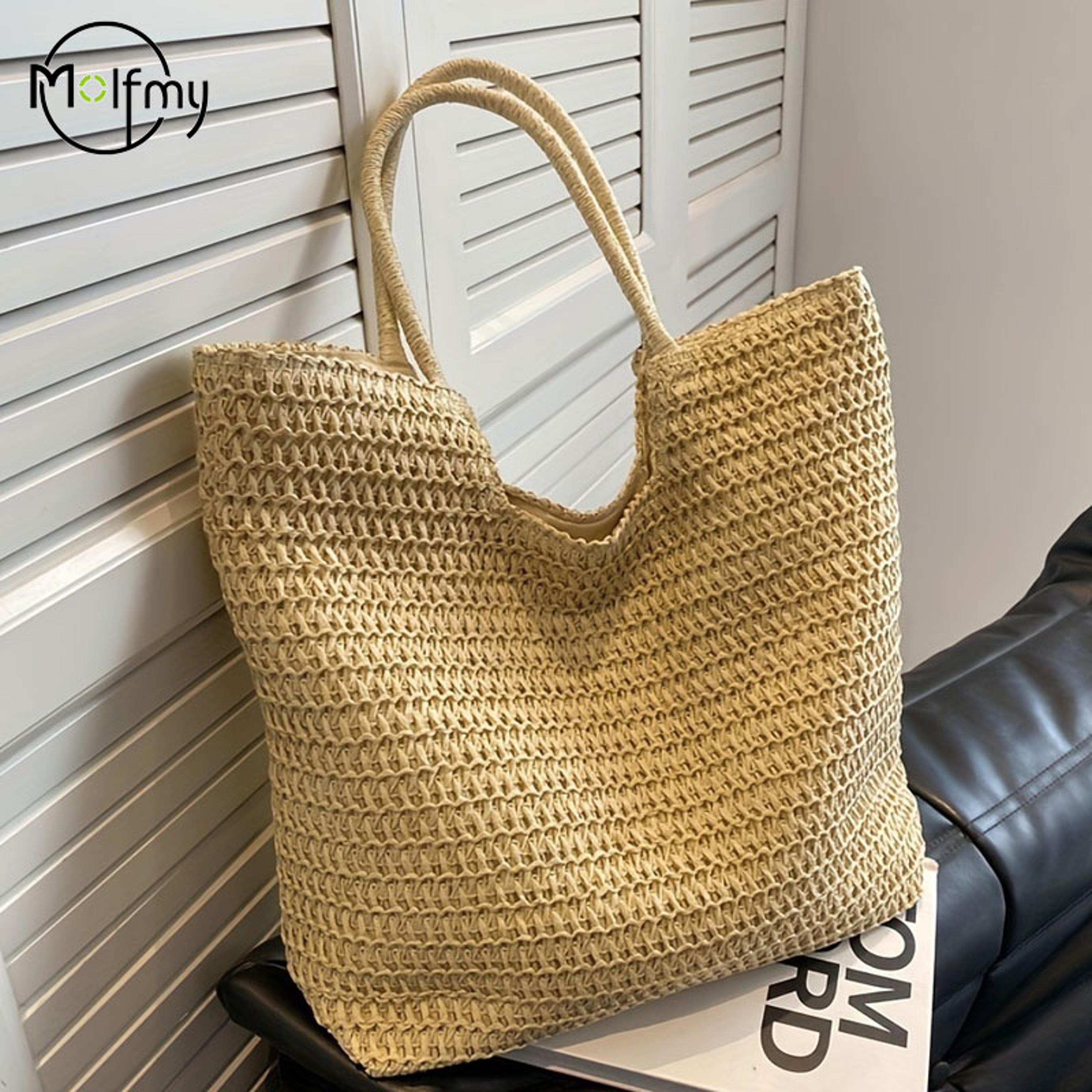 bohemian woven straw tote: handmade vintage style summer beach bag