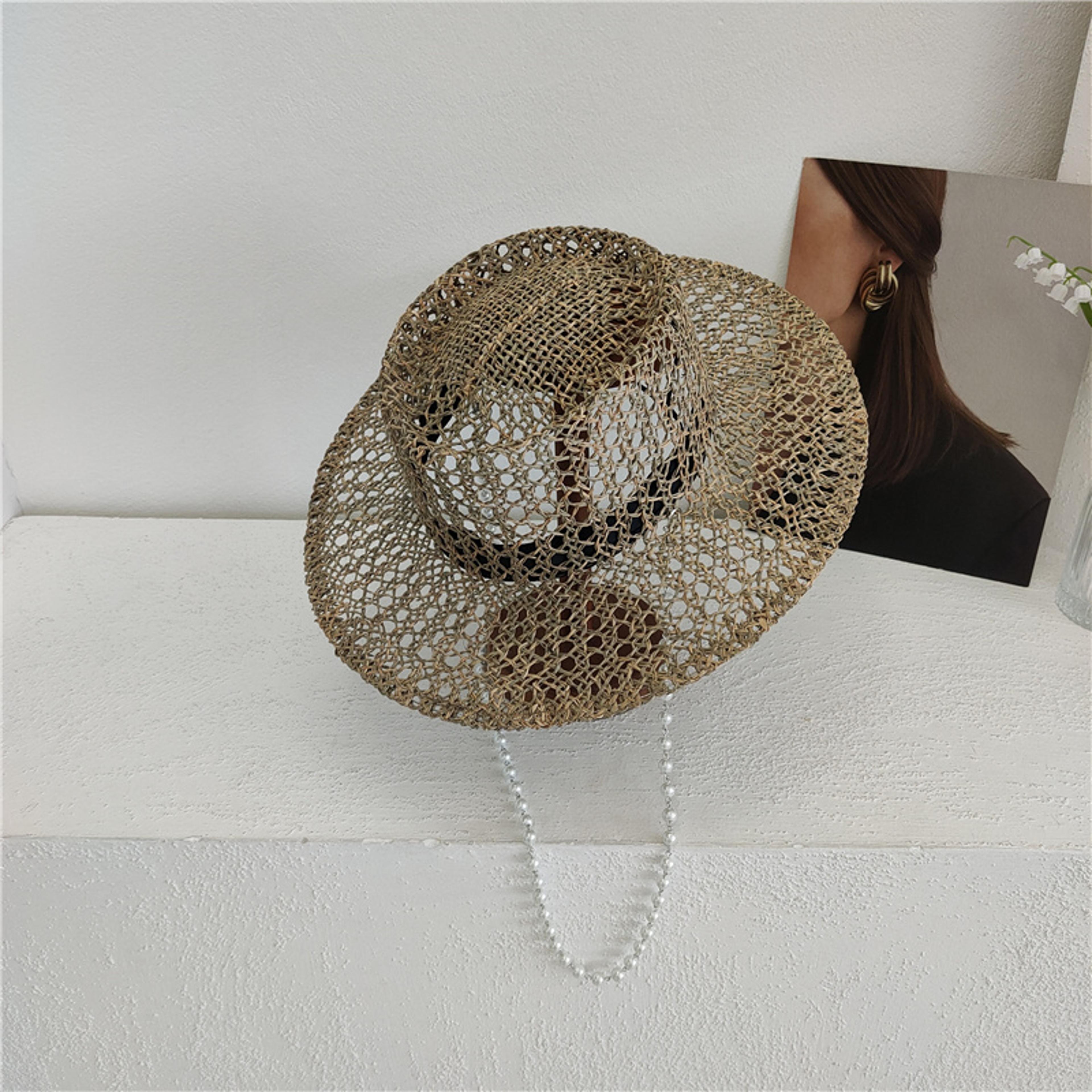 womens openwork straw fedora with pearl chain detail