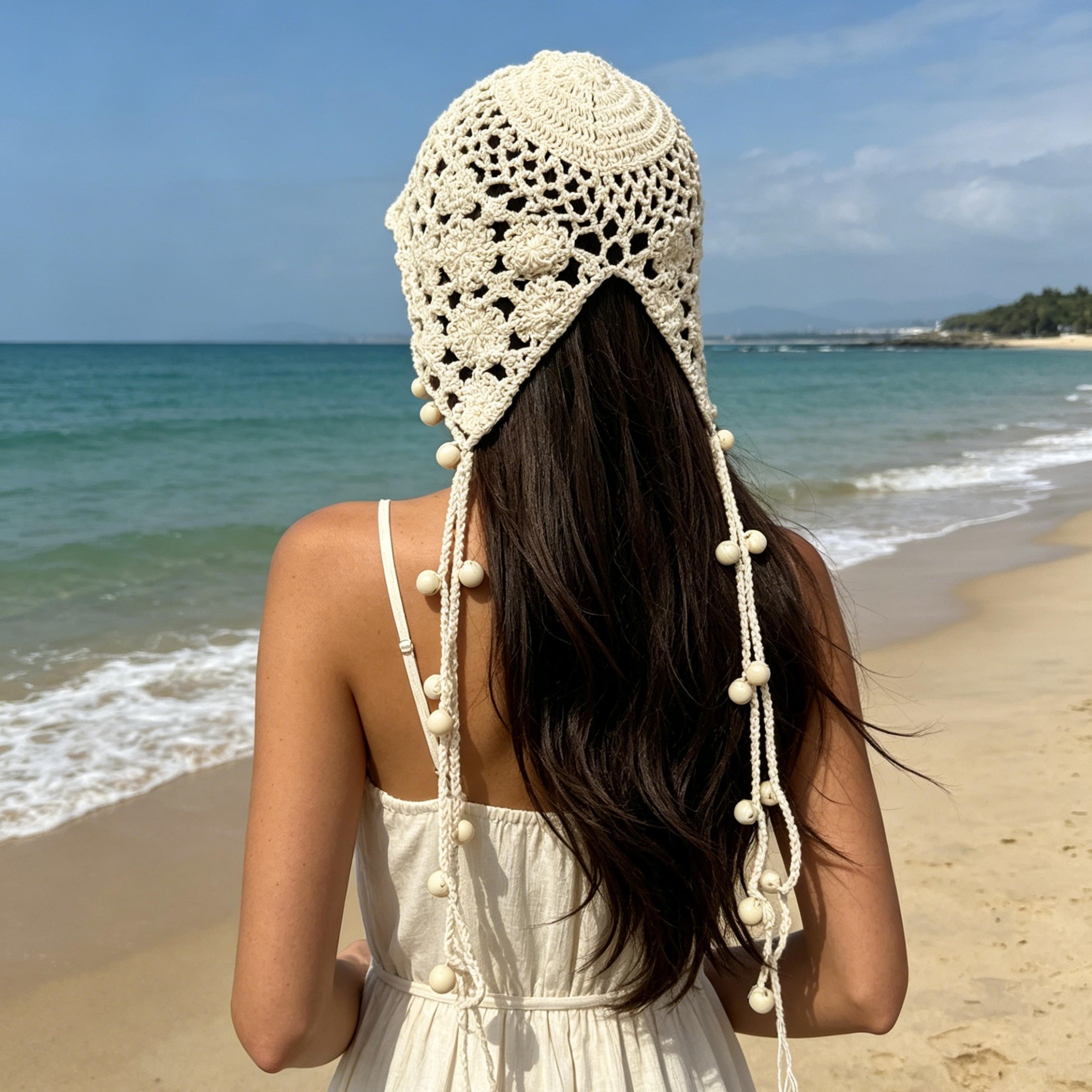 handmade crochet beaded tassel boho beanie ethnic style knit cap