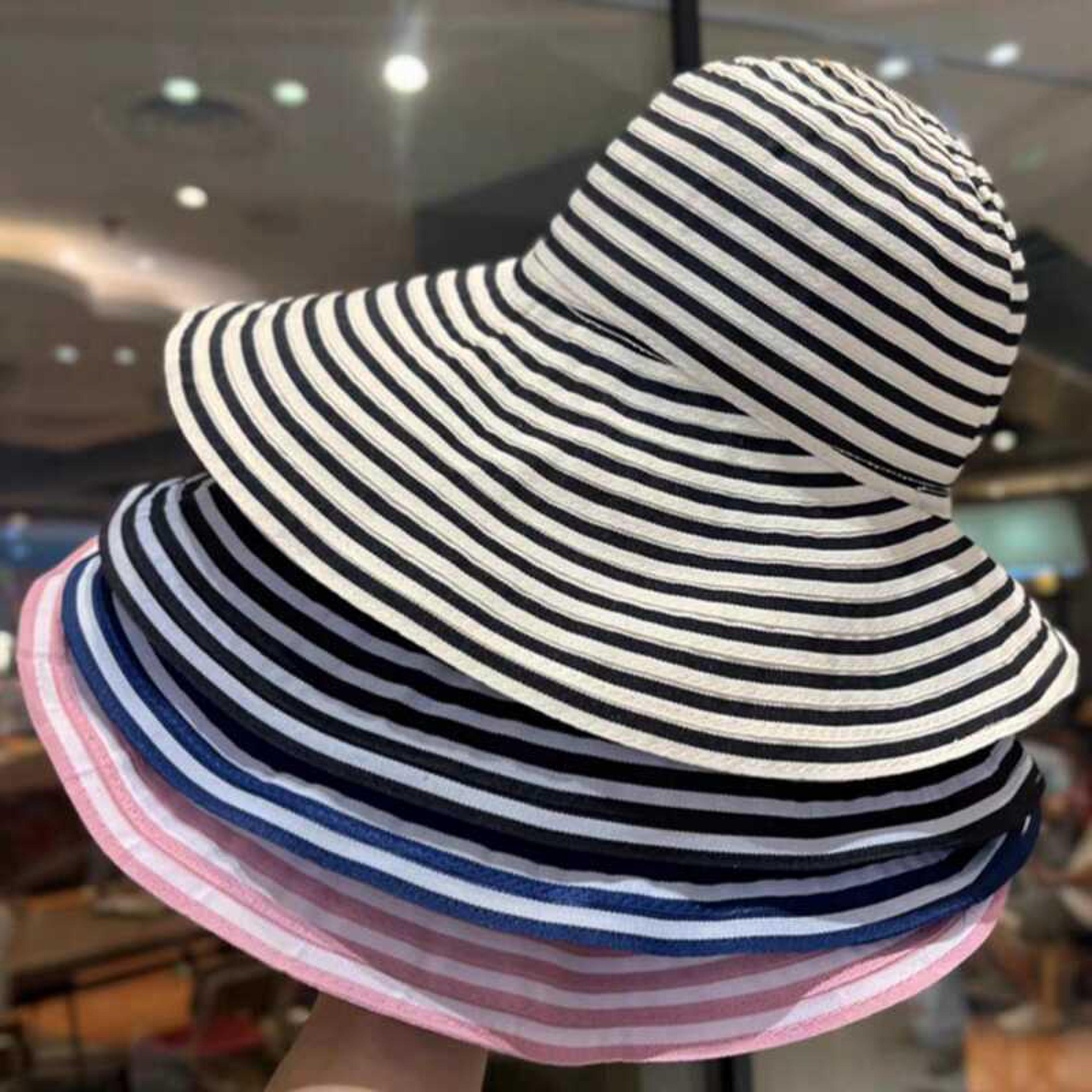 striped foldable wide brim sun hat with windproof strap