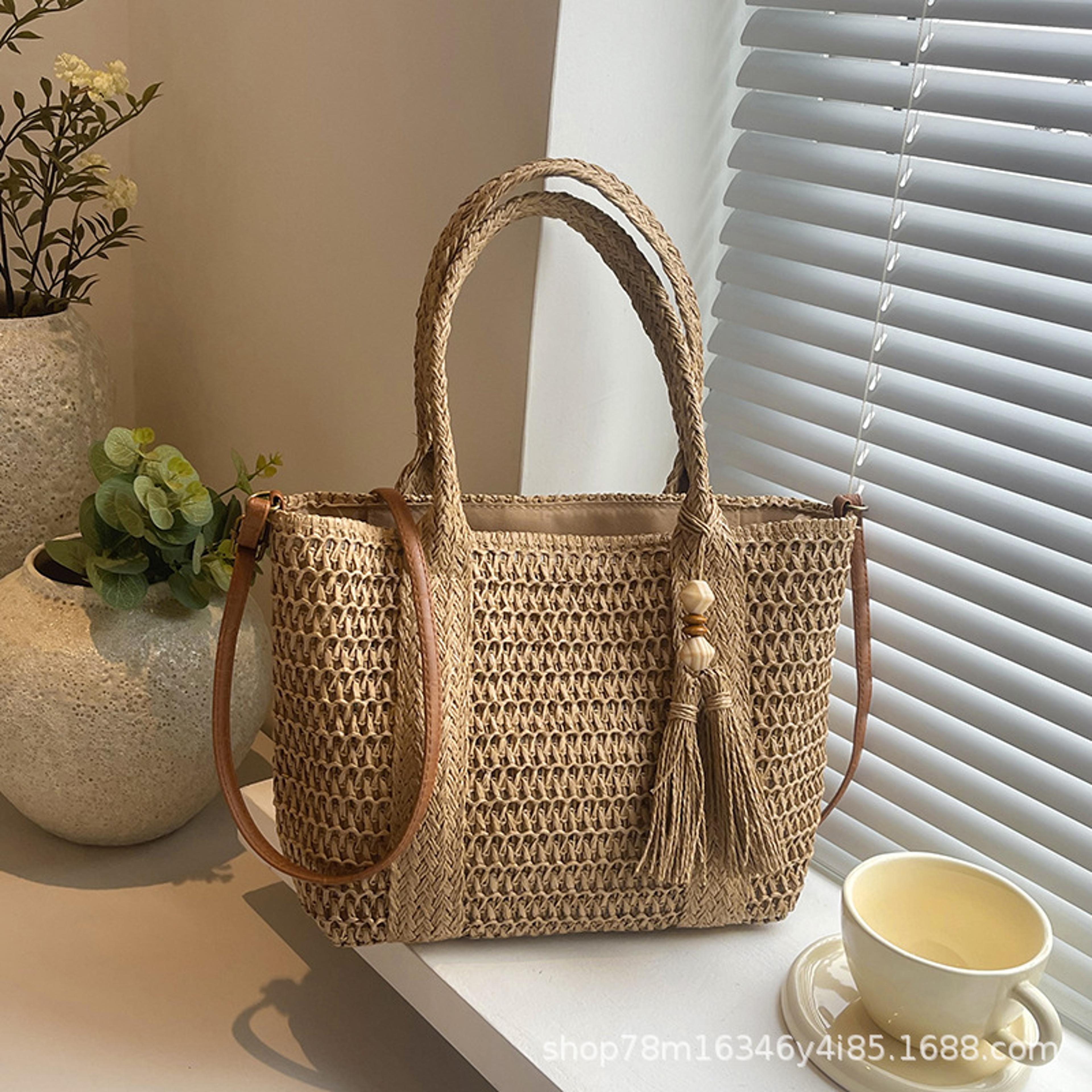 boho straw woven bag – large capacity beach tote bag with tassels, relaxed style summer shoulder handbag