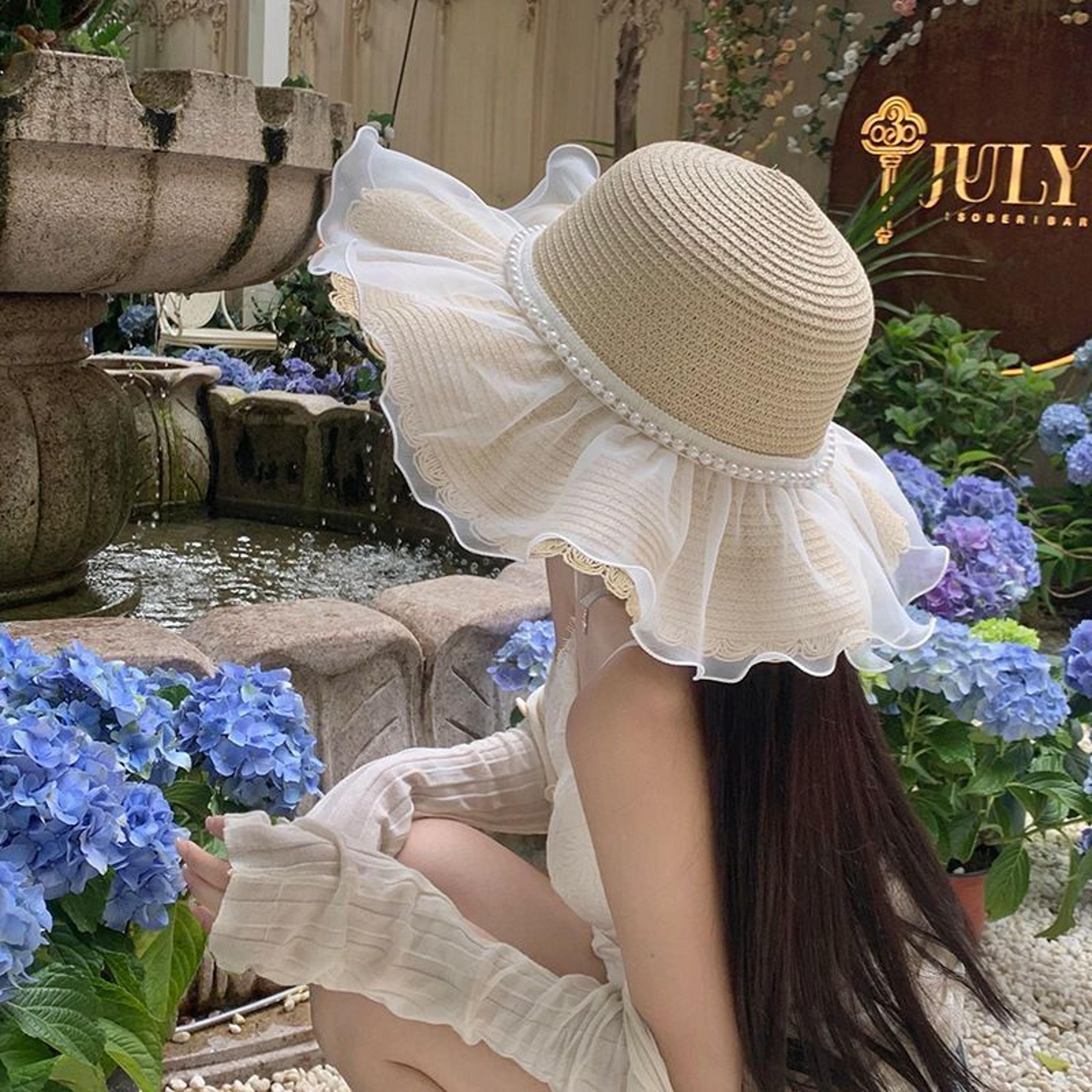 elegant wide brim women's straw hat – korean style beach vacation sun protection hat