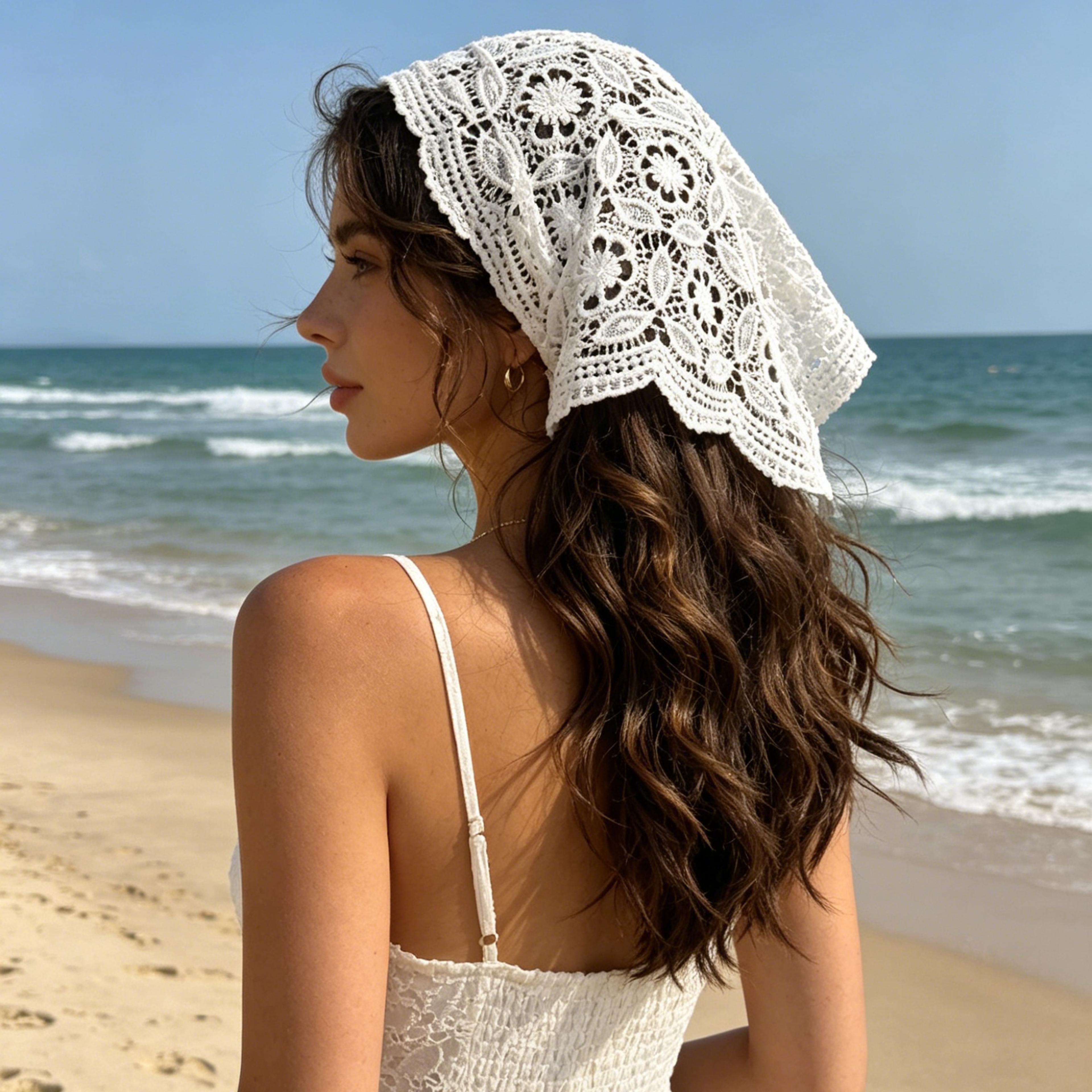 white boho headscarf floral crochet bandana headband triangle hair accessory