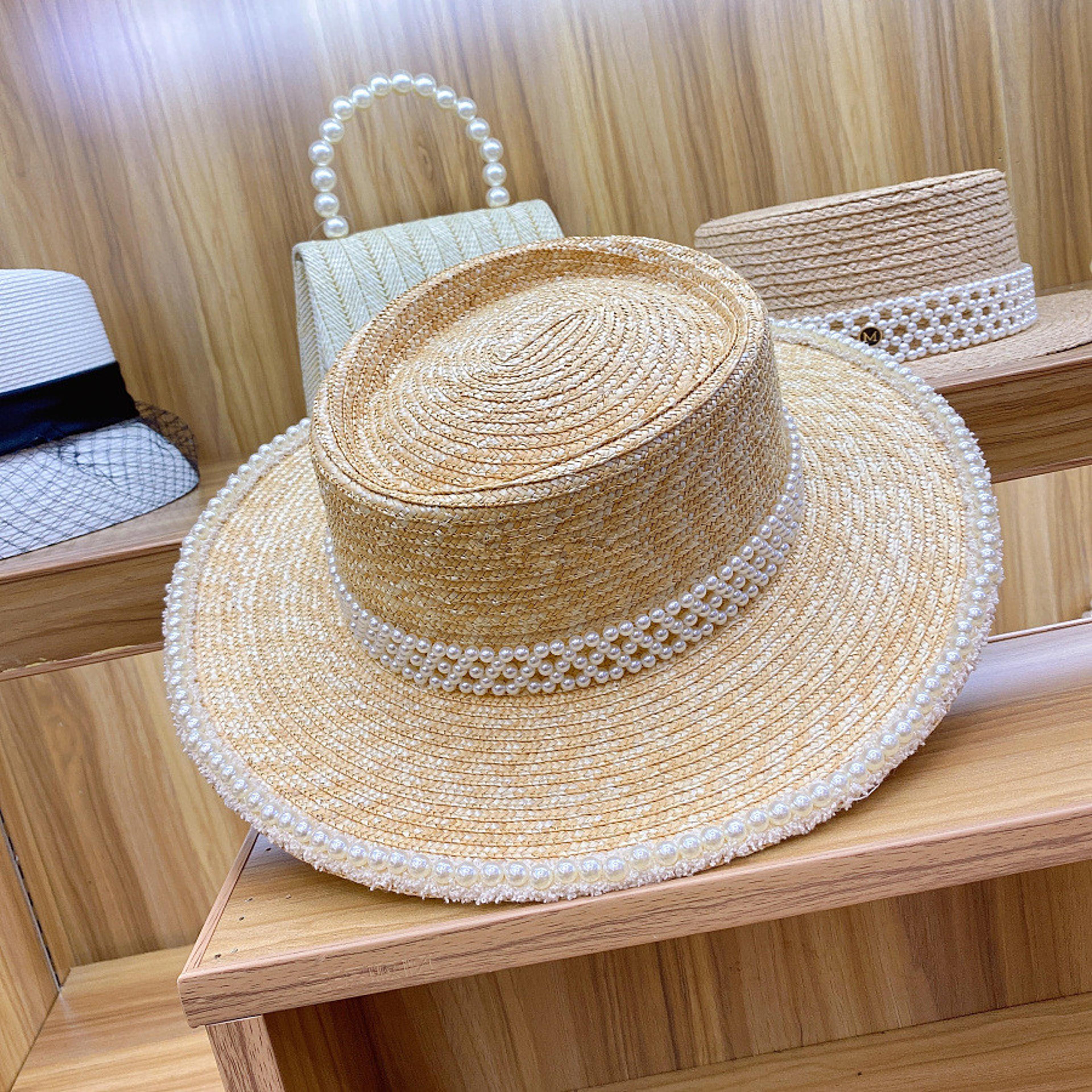 chic tweed and pearl ribbon straw hat for women summer panama jazz cap