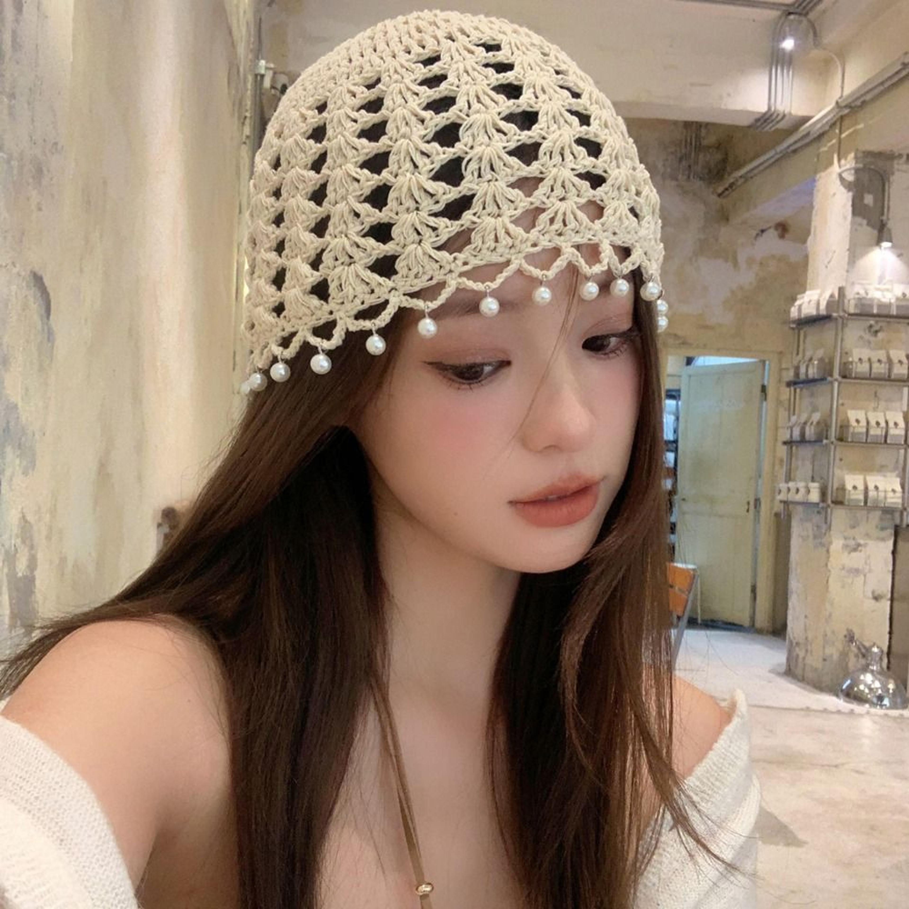 bohemian crochet bucket hat with beaded tassels handmade knit cap