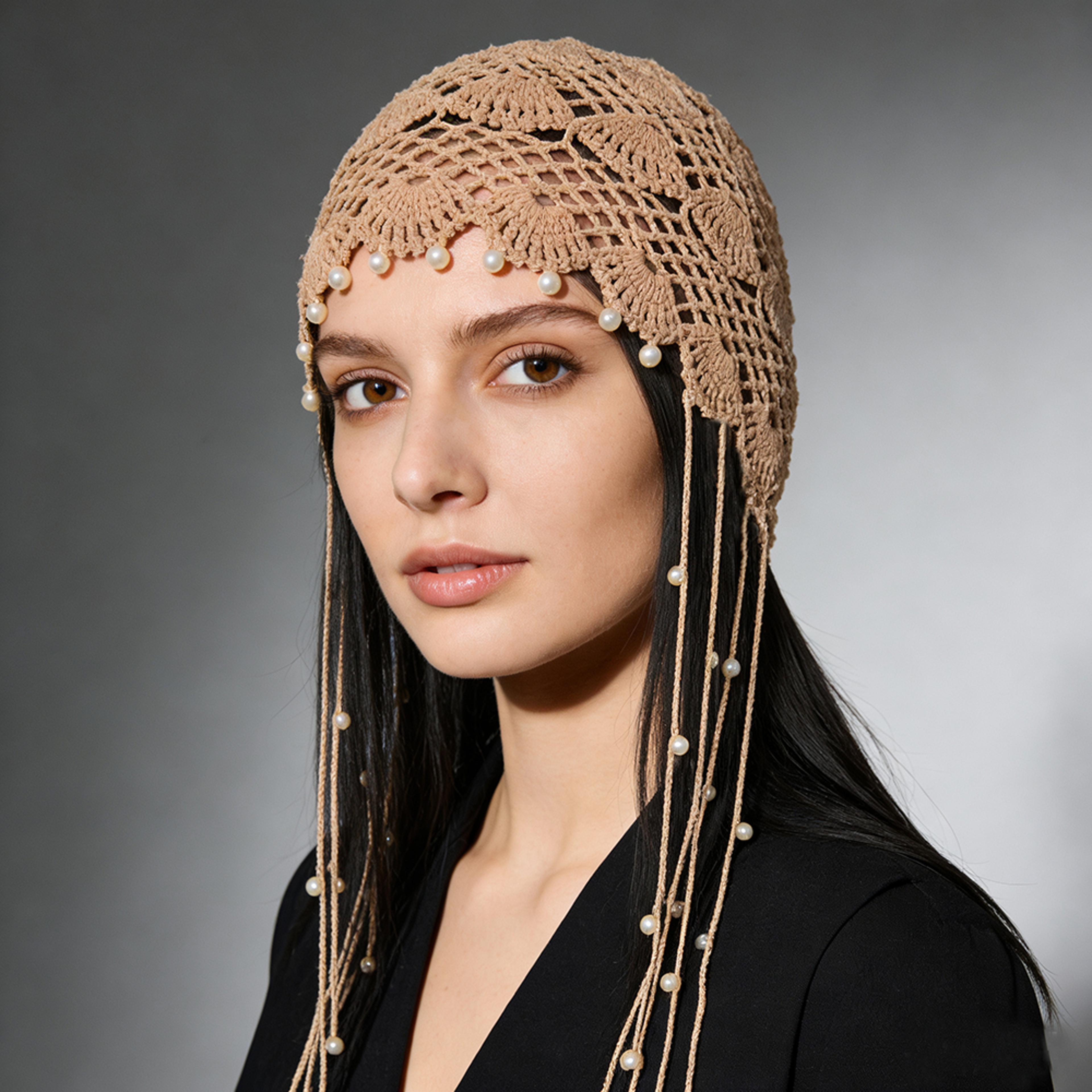 handmade hollow crochet beanie for women with ethnic tie detail