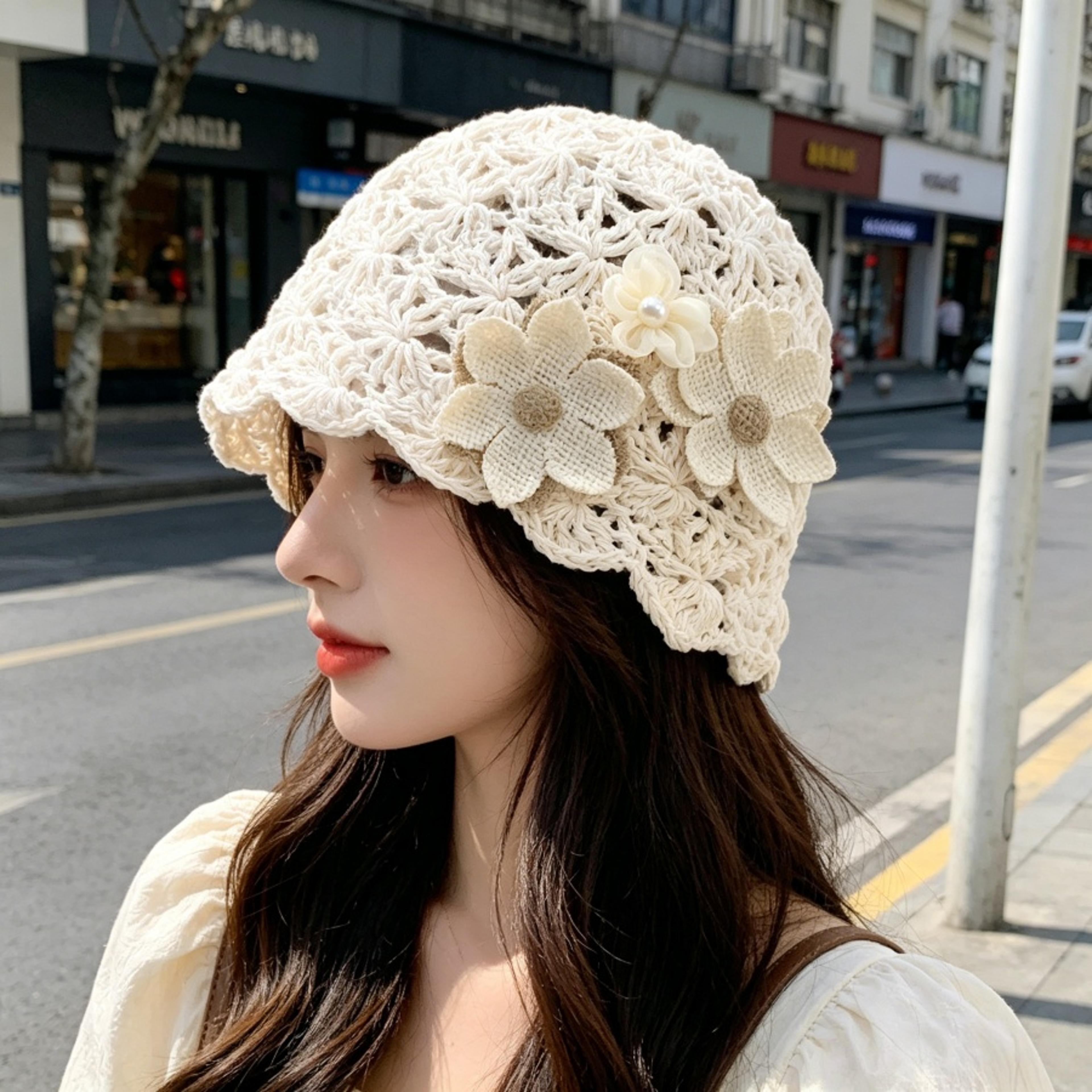 hand-crocheted floral sun hat – vintage aesthetic knit bucket hat with flower accents for summer outings