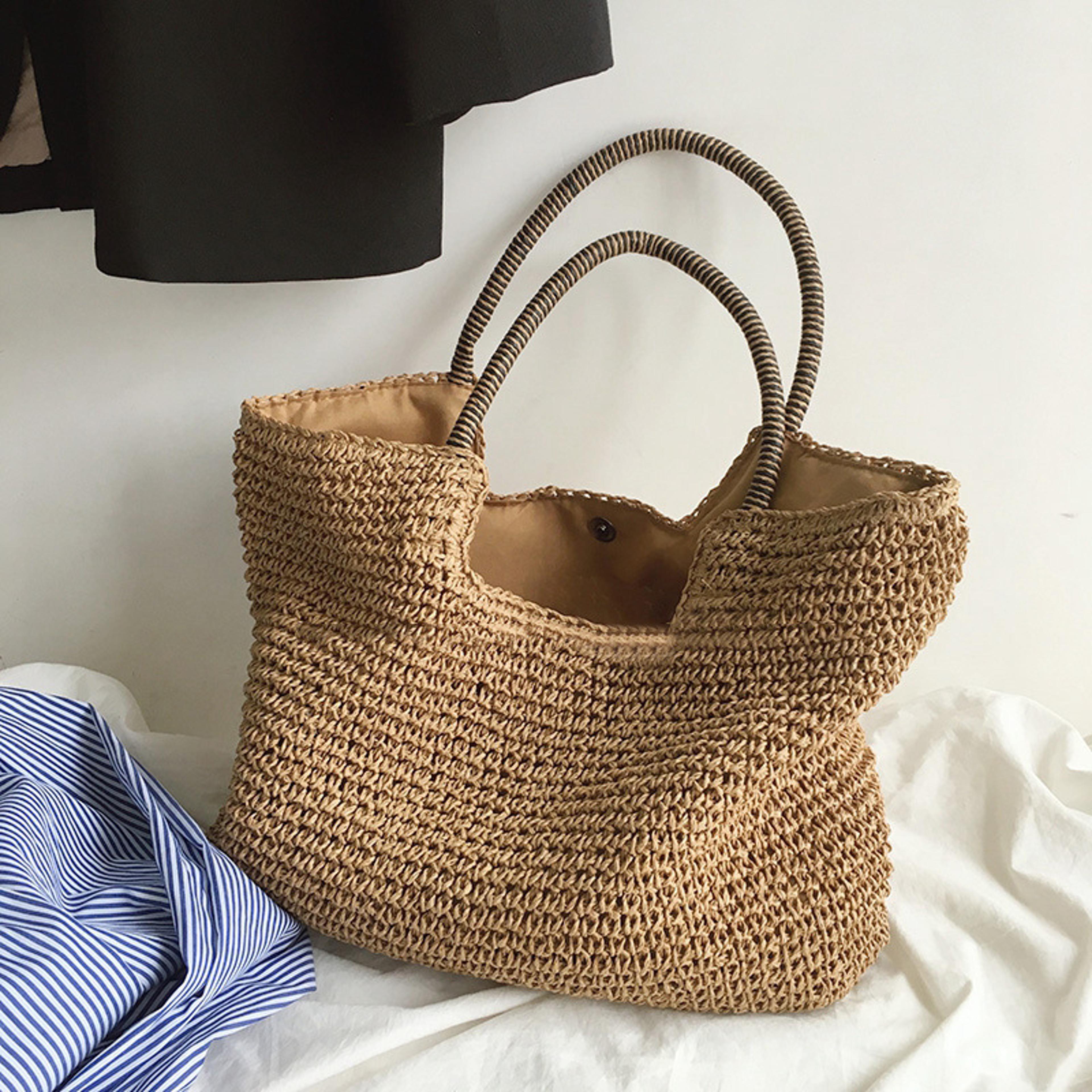 handmade woven raffia beach tote: bohemian straw shoulder bag for summer travel