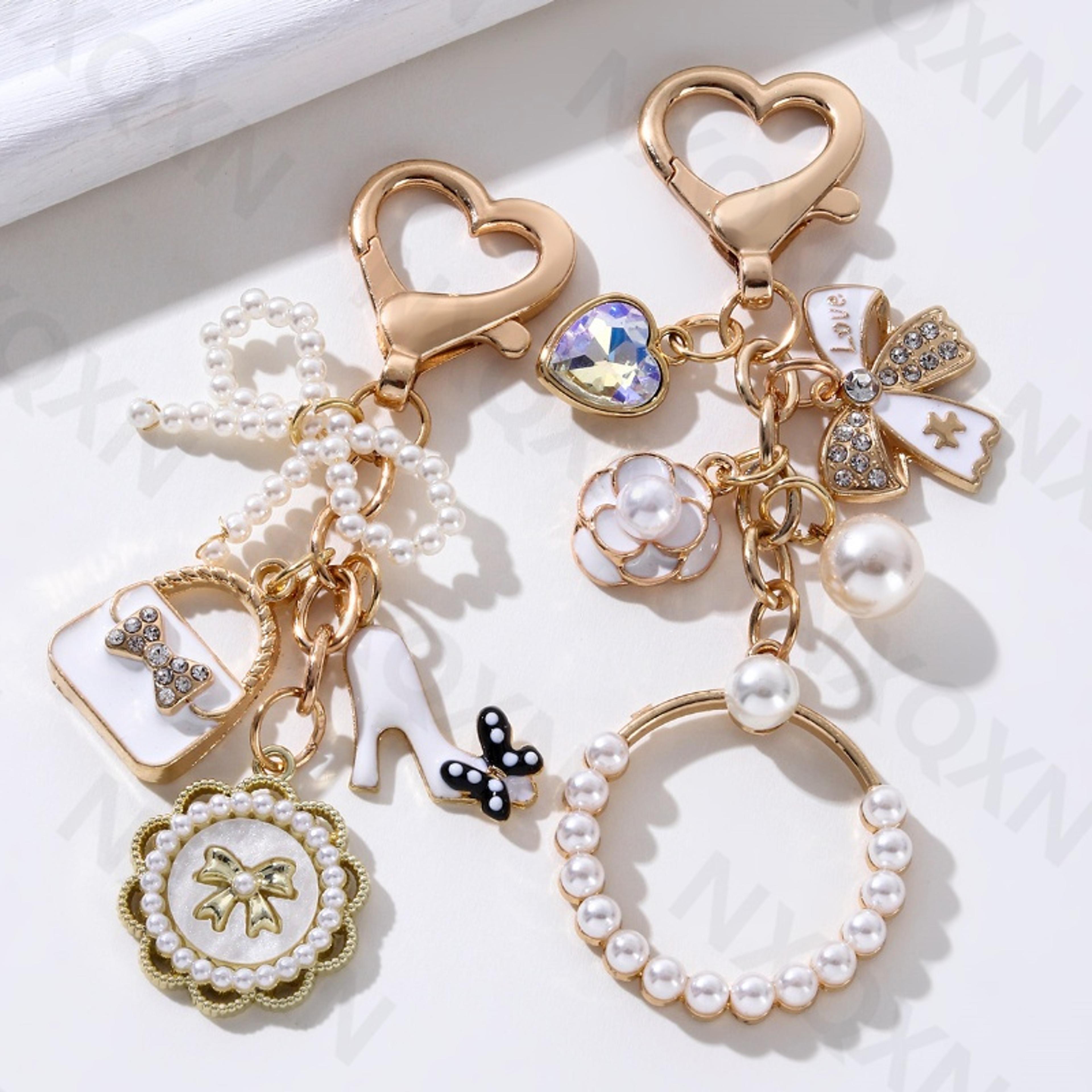 pearl charm handbag keychain with bow and flower detail elegant bag accessory for women