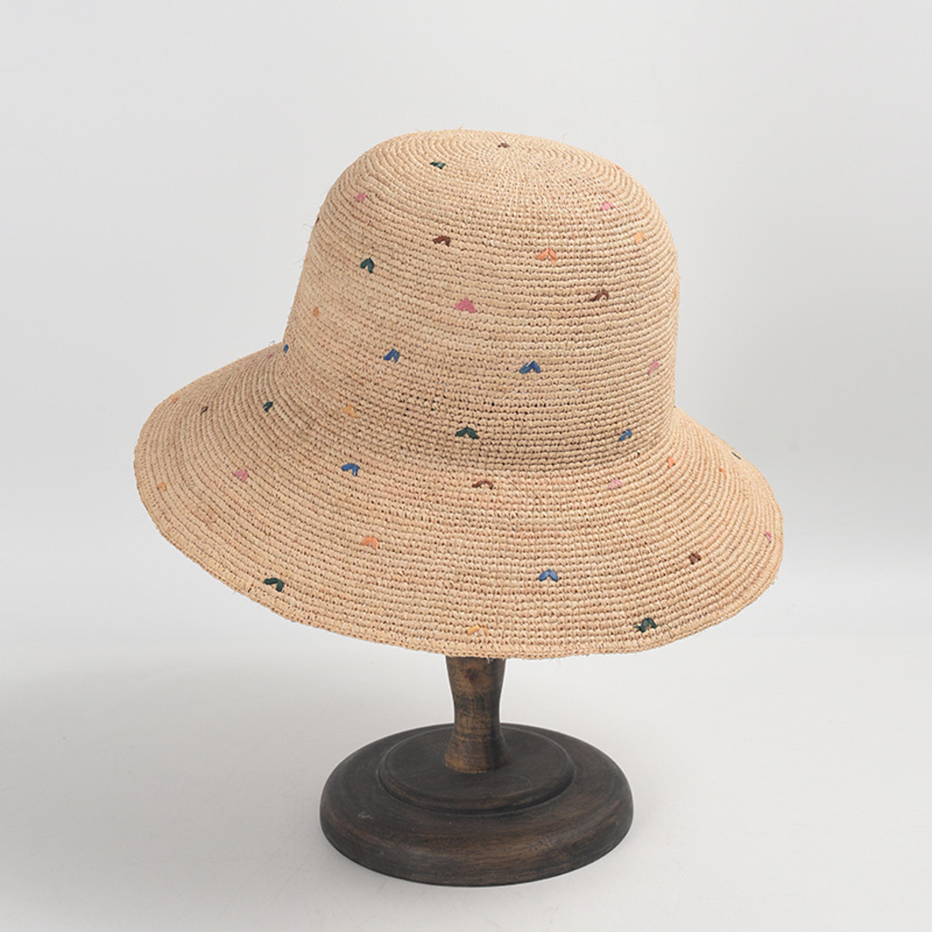 hand crocheted raffia straw hat with colorful dots for women